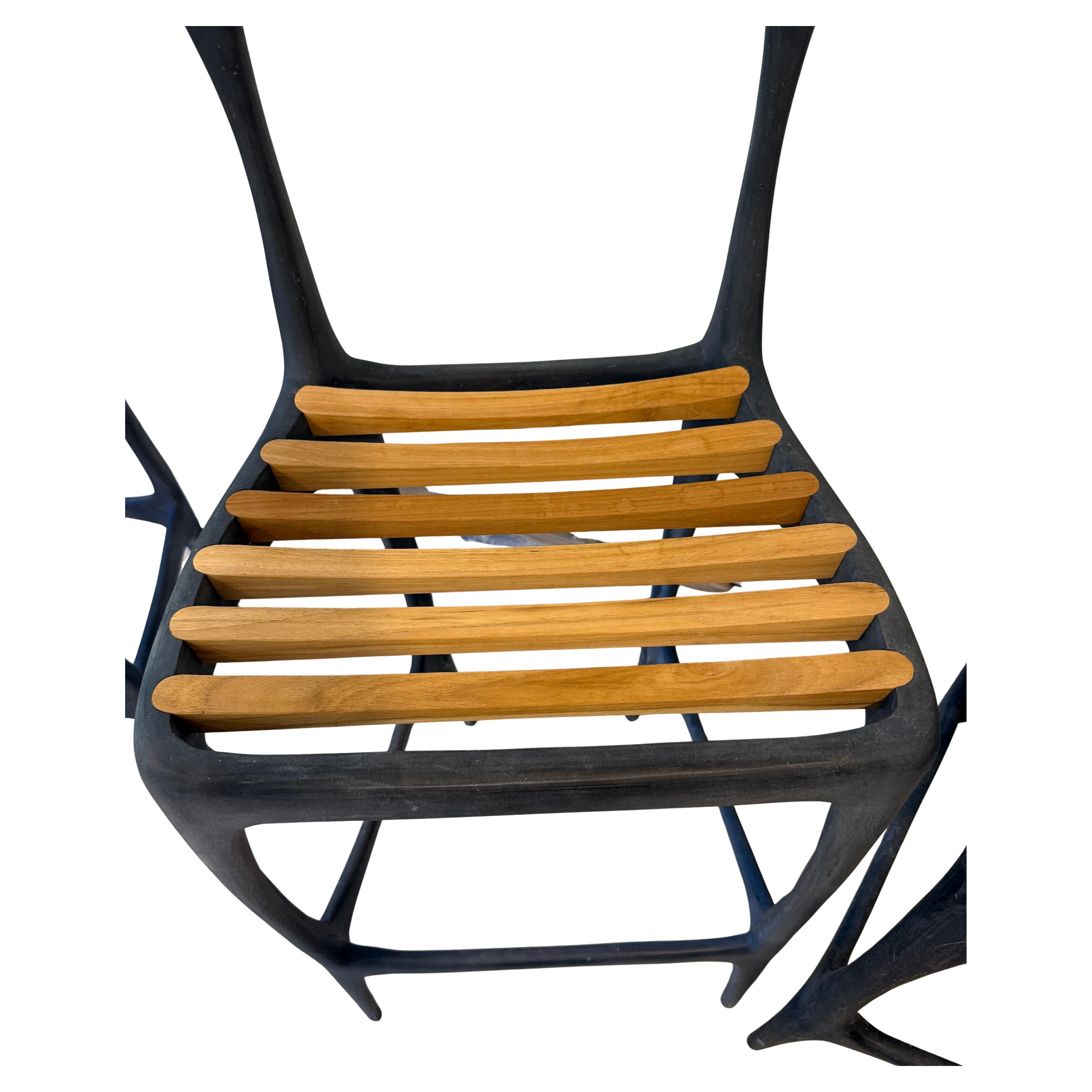 Brutalism Solid Metal Bar Stools Teak Slats For Sale 4