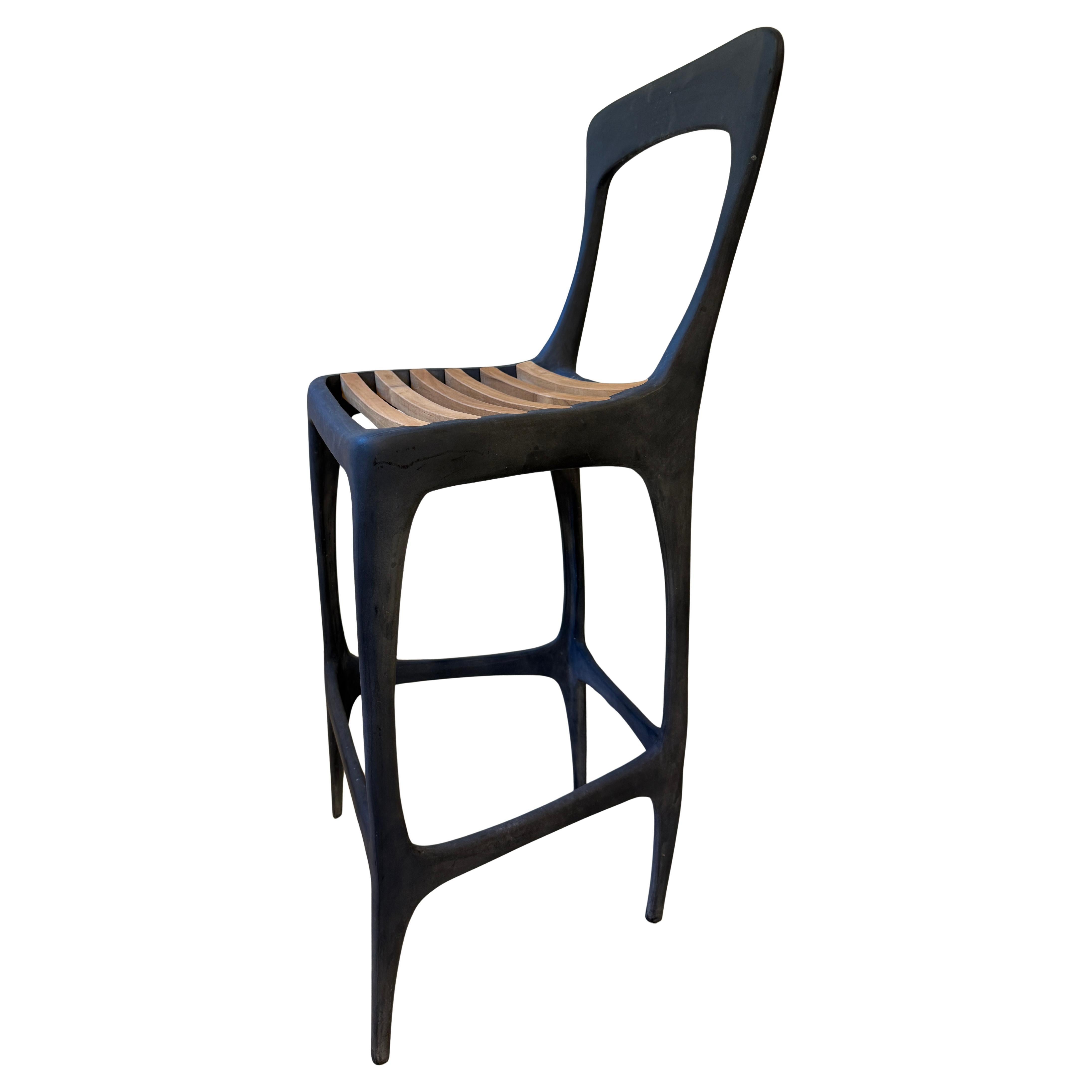Organic Modern Brutalism Solid Metal Bar Stools Teak Slats For Sale