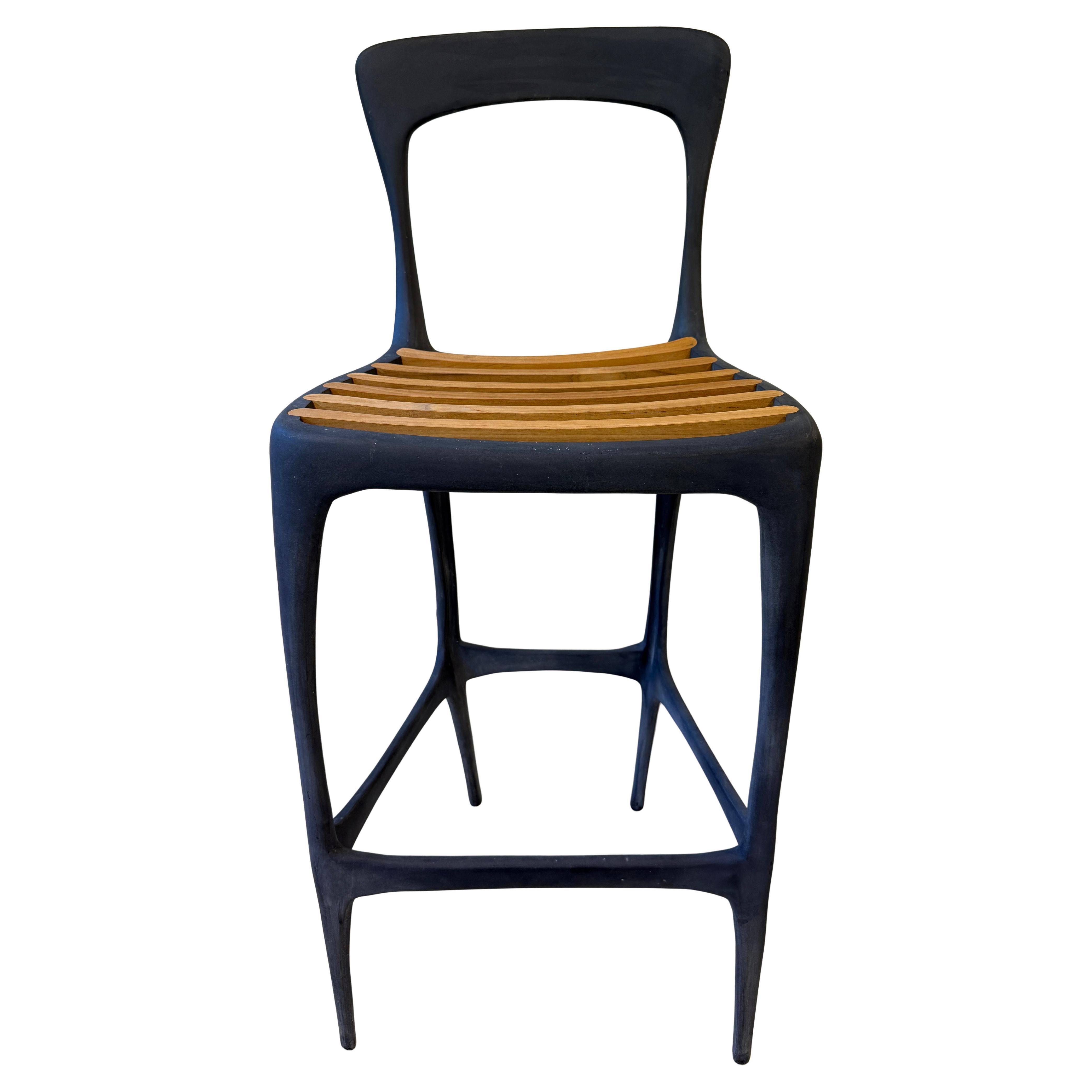 American Brutalism Solid Metal Bar Stools Teak Slats For Sale