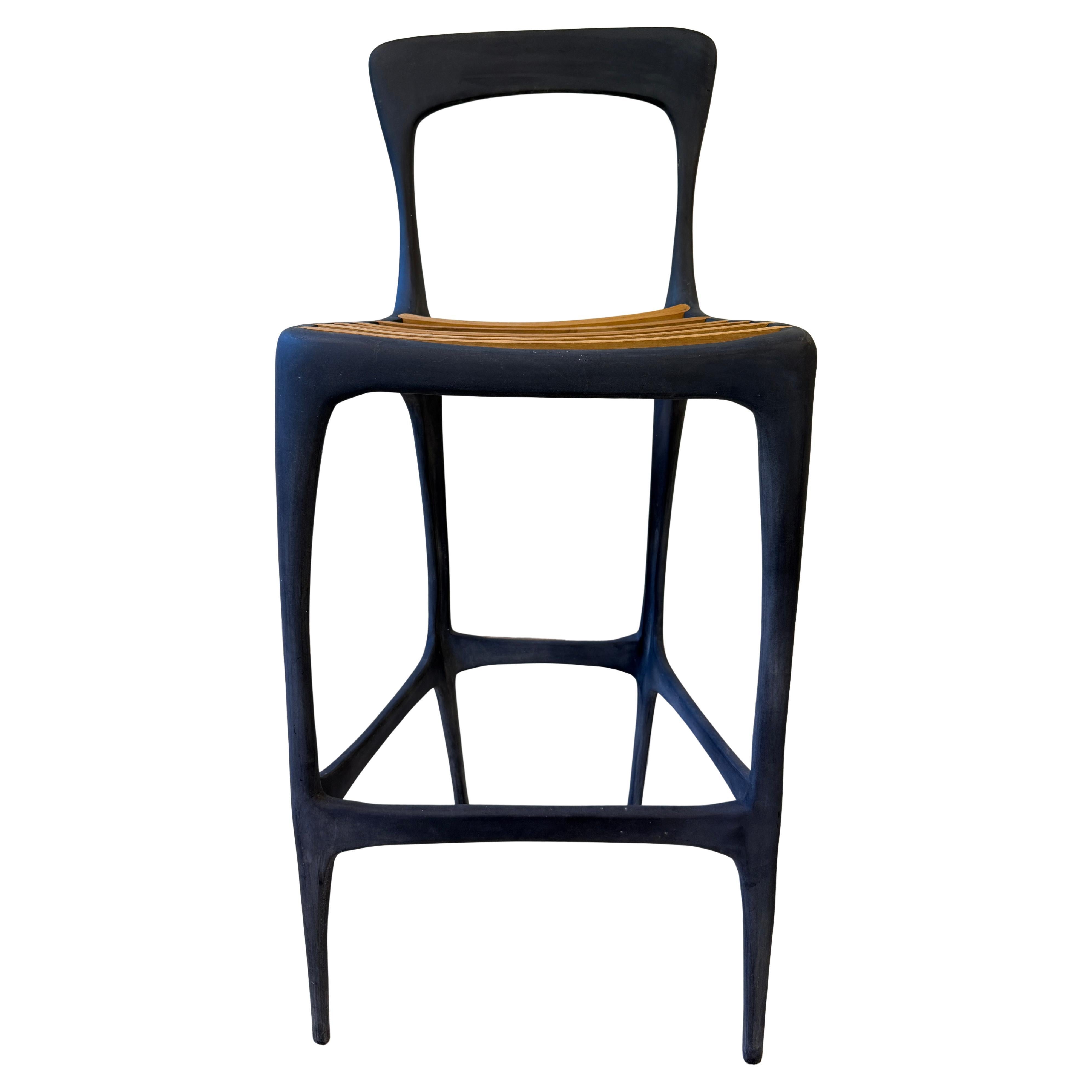 Brutalism Solid Metal Bar Stools Teak Slats In Good Condition For Sale In BROOKLYN, NY