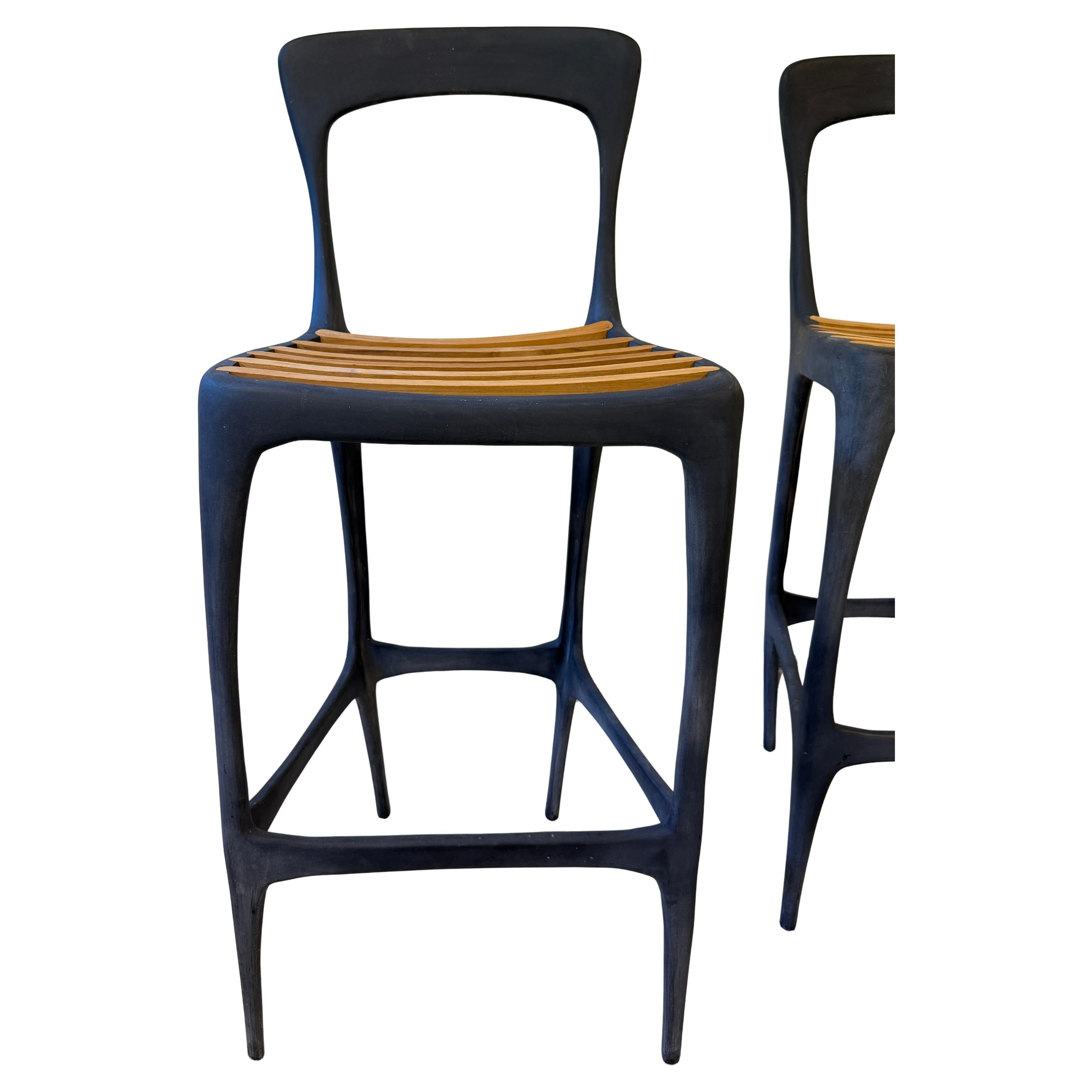 Contemporary Brutalism Solid Metal Bar Stools Teak Slats For Sale