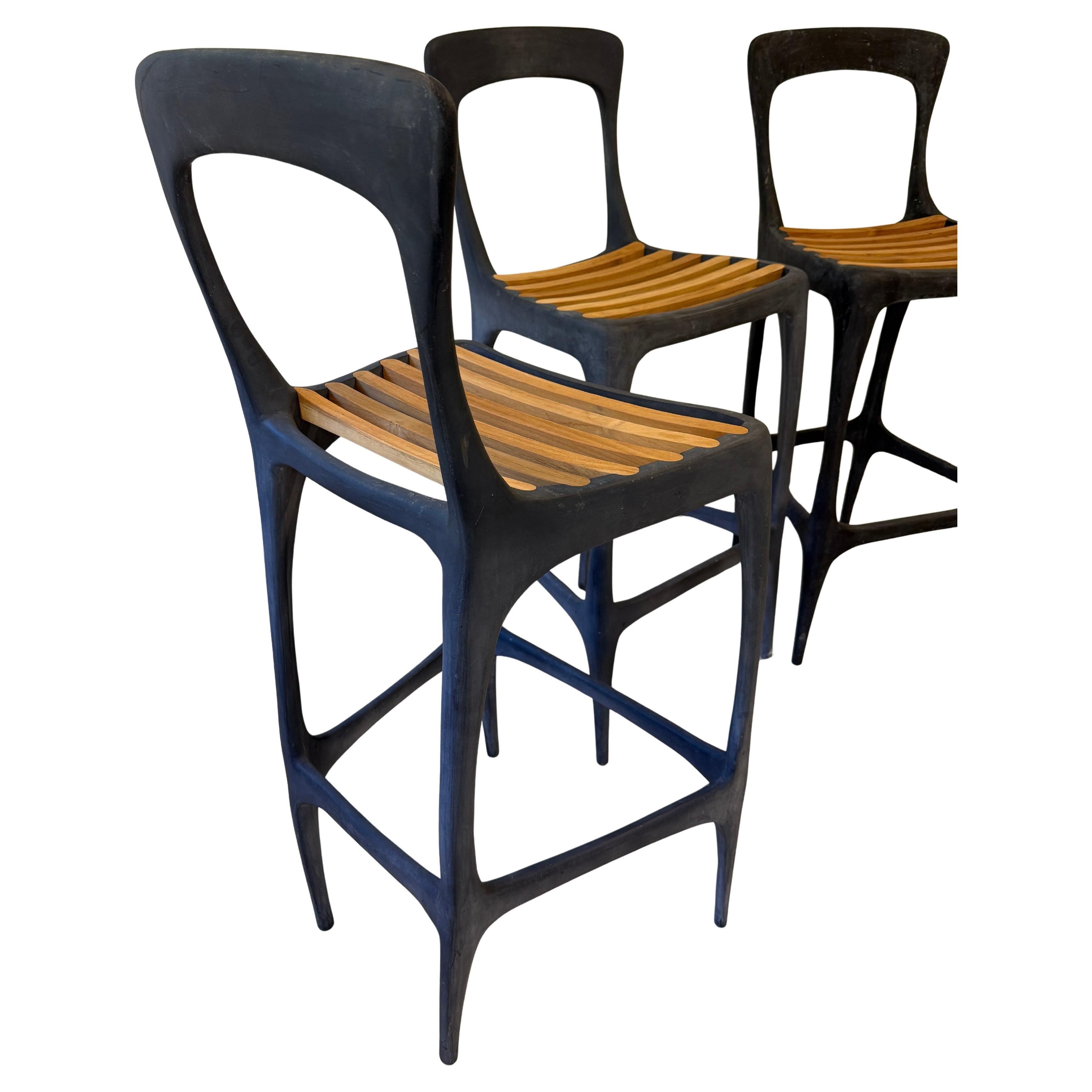 Aluminum Brutalism Solid Metal Bar Stools Teak Slats For Sale