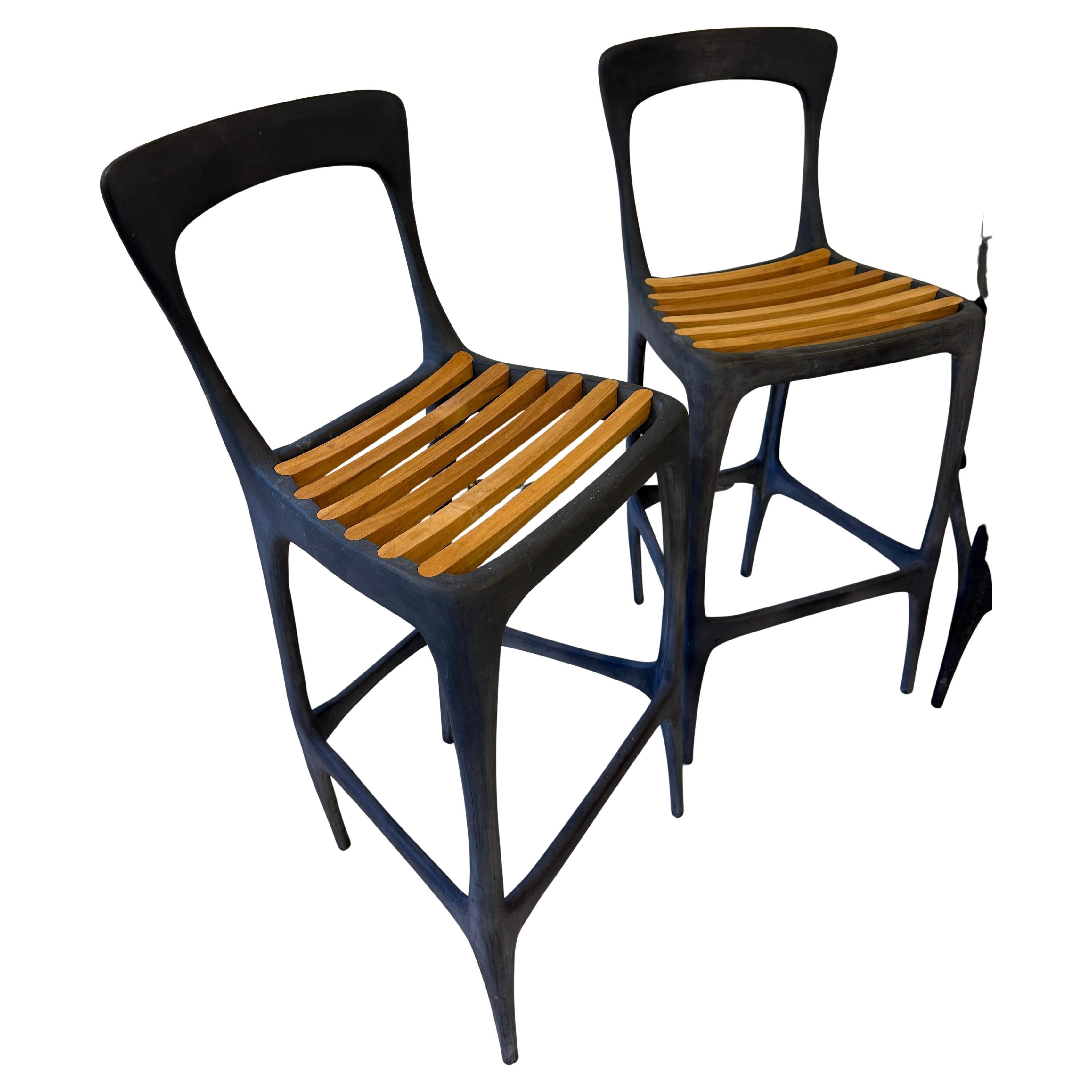 Brutalism Solid Metal Bar Stools Teak Slats For Sale 1