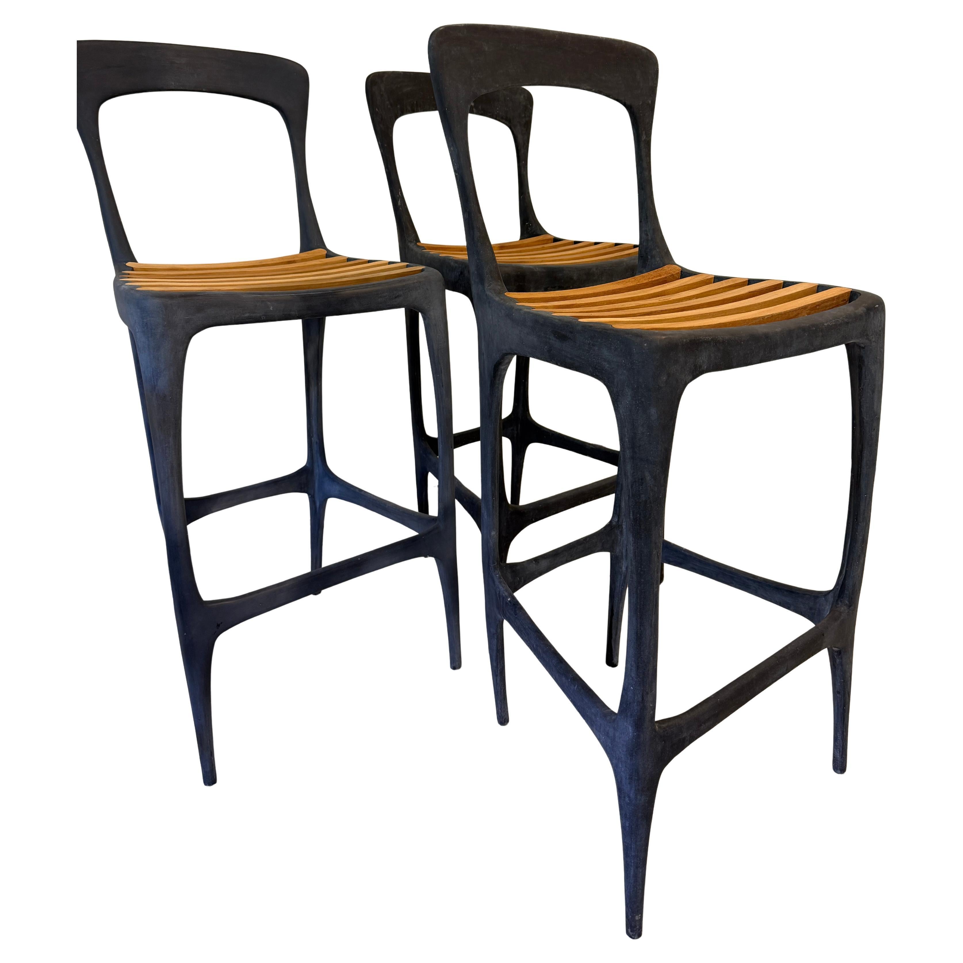 Brutalism Solid Metal Bar Stools Teak Slats For Sale 2