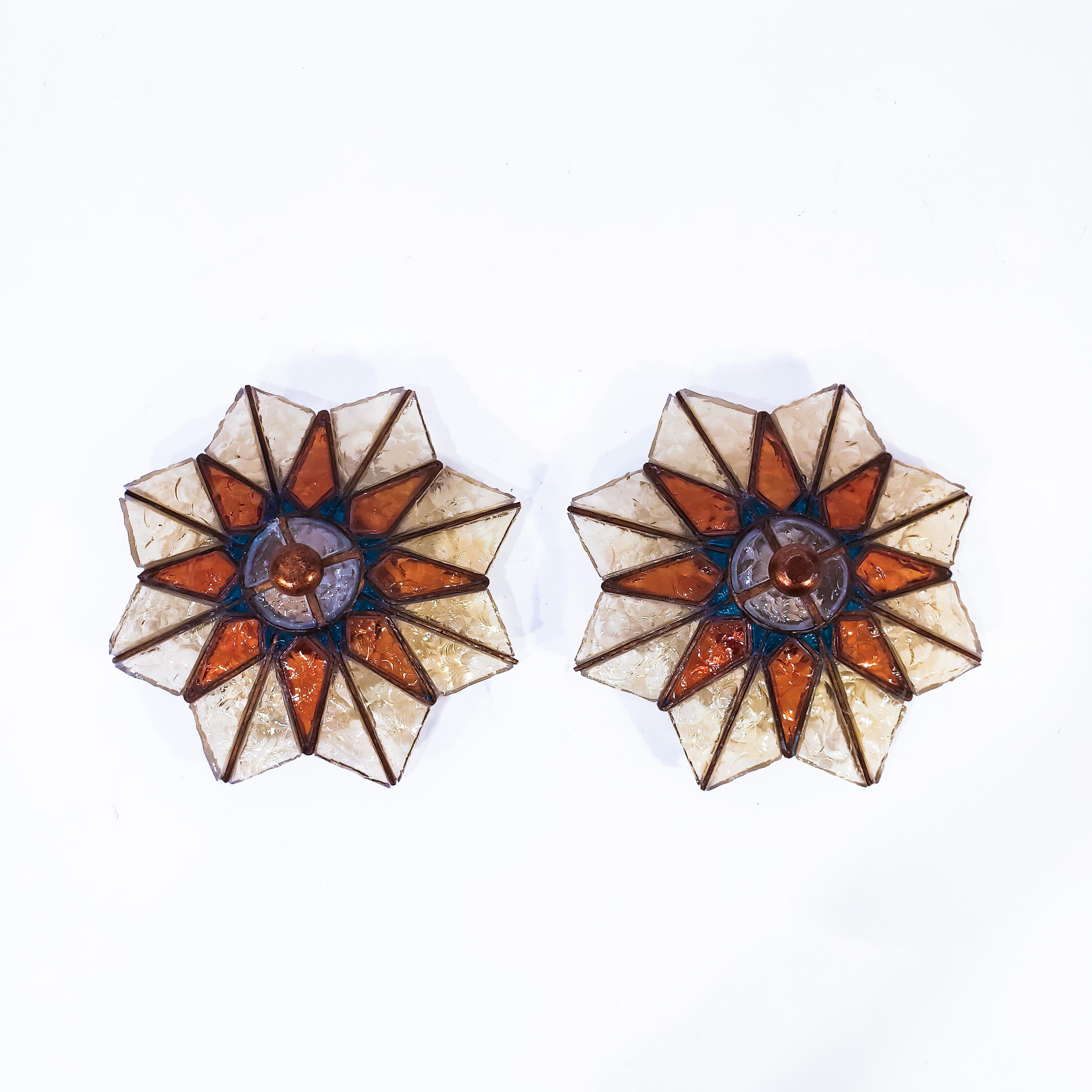 Stunning 1 of 2 Italian wall sconces or flush mounts by Longobard, 1970s. Golden wrought iron structure and multicolored crystals hammered in a clearly brutalist style. Made in Verona, Italy, by Longobord, who was the competitor of Poliarte's