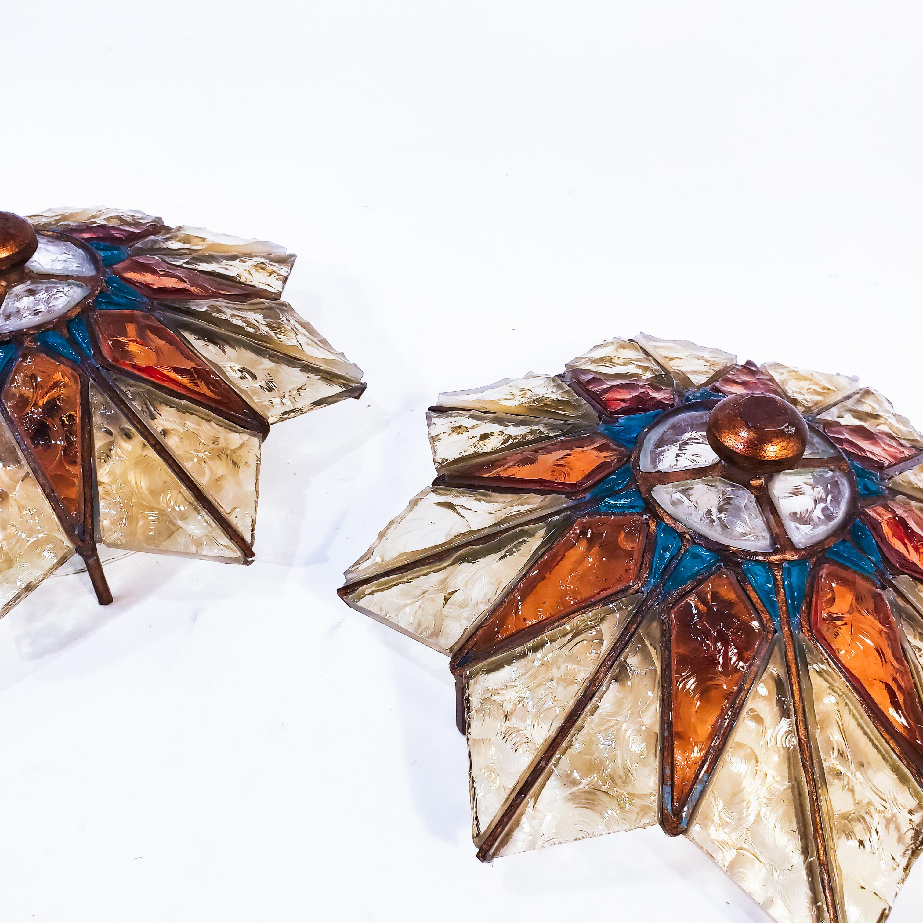 Metalwork Brutalist 1 of 2 hand-crafted sconces or flush mounts by Longobard, Italy, 70s. For Sale