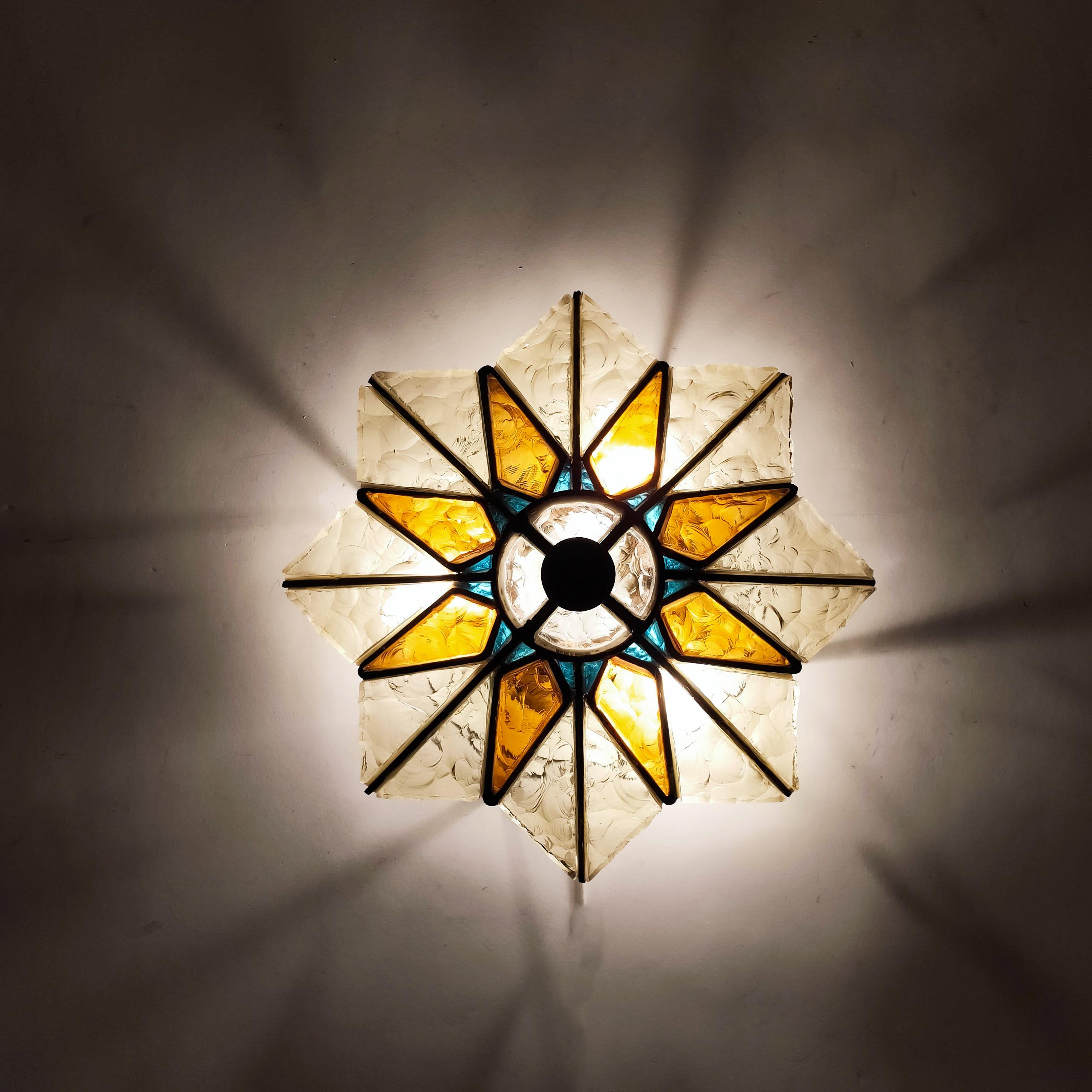 Brutalist 1 of 2 hand-crafted sconces or flush mounts by Longobard, Italy, 70s. For Sale 1