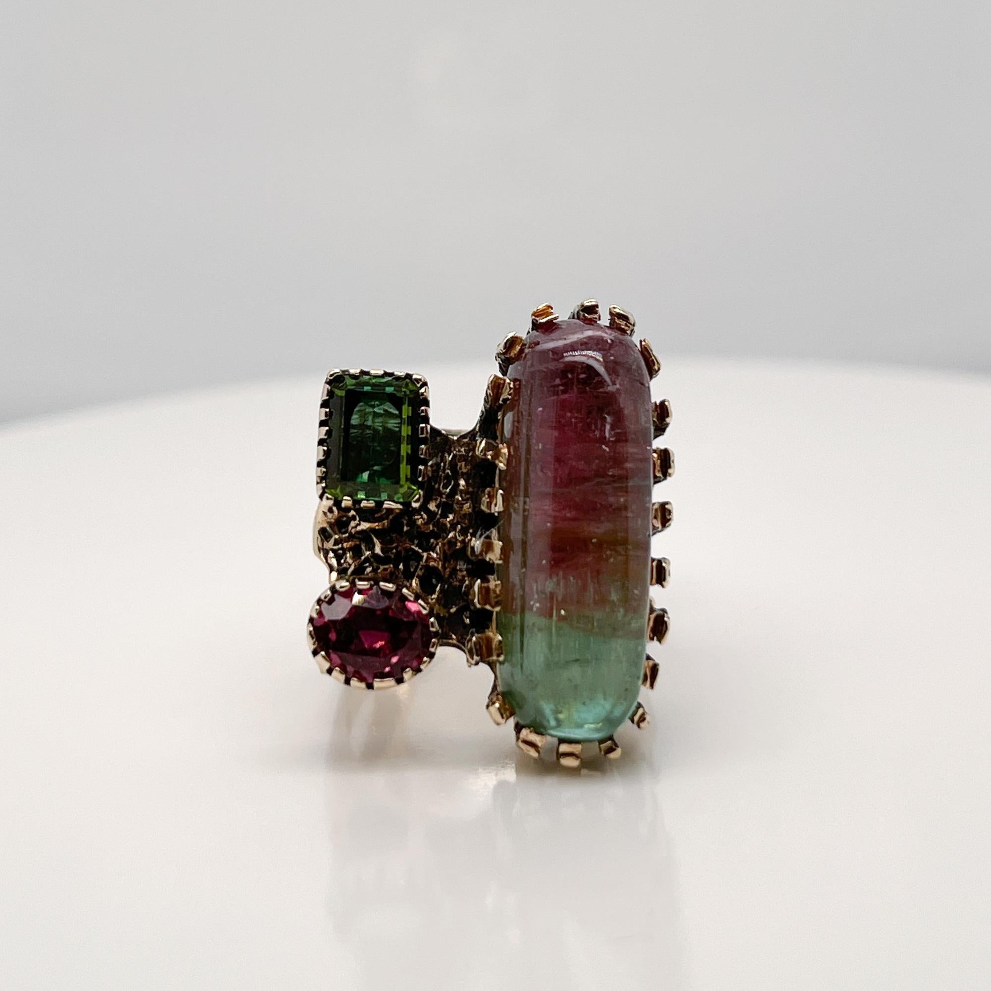 Modernist Brutalist 14 Karat Gold and Watermelon Tourmaline Cocktail Ring