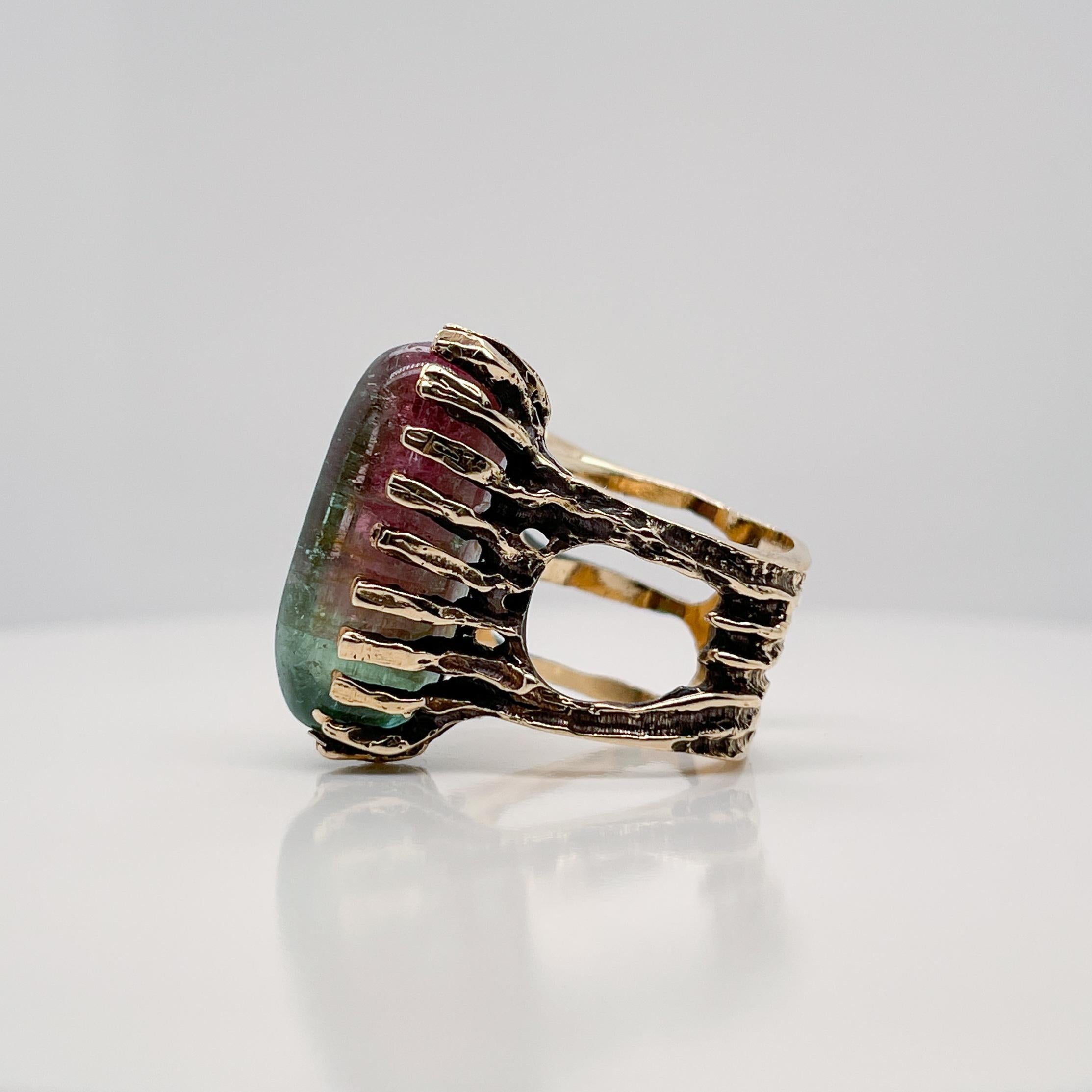 Brutalist 14 Karat Gold and Watermelon Tourmaline Cocktail Ring In Good Condition In Philadelphia, PA