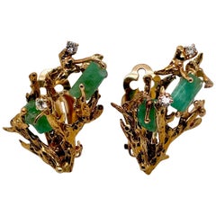 Brutalist 14 Karat Gold, Chatham Emerald and Diamond Clip Earrings