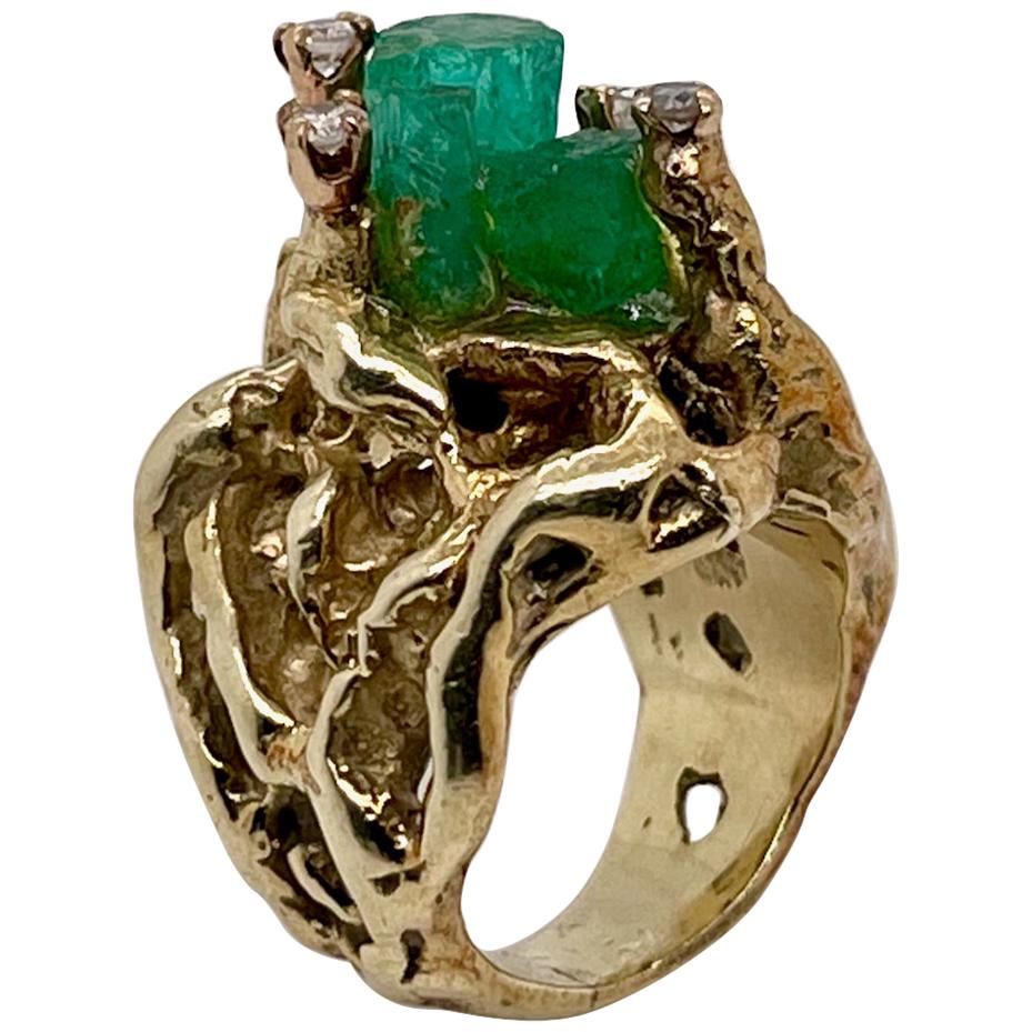Brutalist 14 Karat Gold, Chatham Emerald and Diamond Cocktail Ring