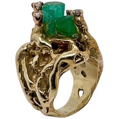 Brutalist 14 Karat Gold, Chatham Emerald and Diamond Cocktail Ring