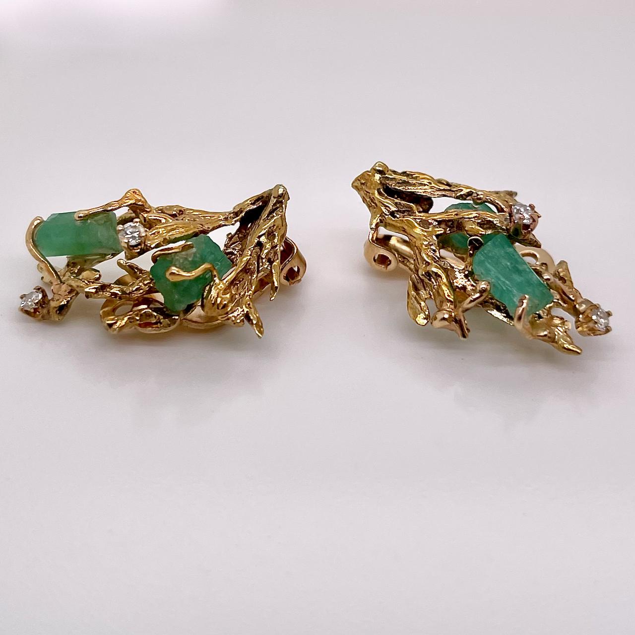 Retro Brutalist 14 Karat Gold, Chatham Emerald and Diamond Clip Earrings