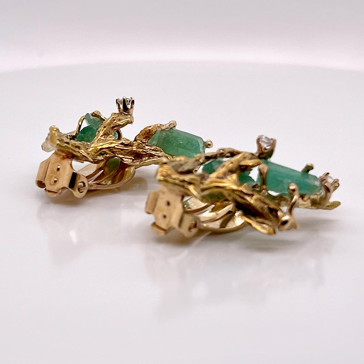 Round Cut Brutalist 14 Karat Gold, Chatham Emerald and Diamond Clip Earrings
