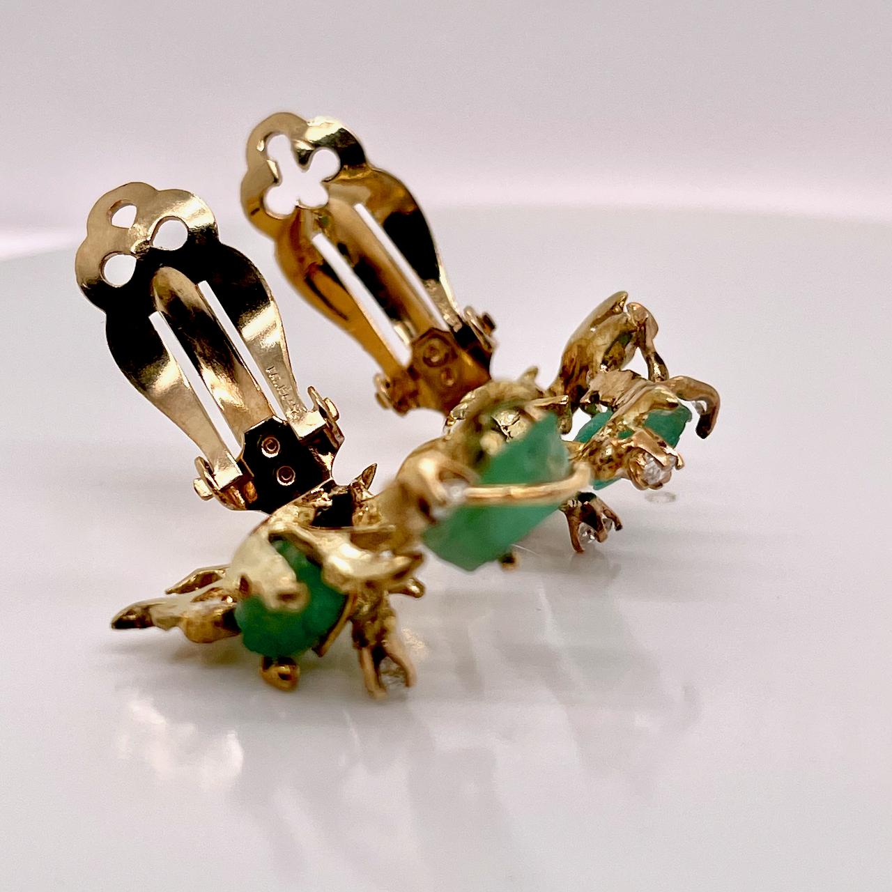 Brutalist 14 Karat Gold, Chatham Emerald and Diamond Clip Earrings In Good Condition In Philadelphia, PA