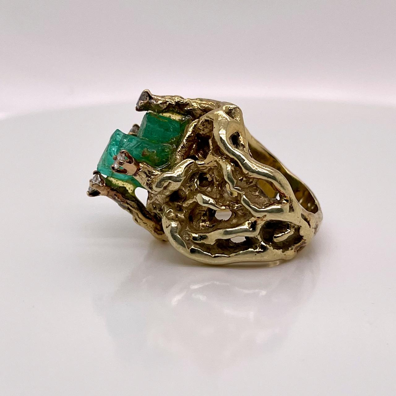 Retro Brutalist 14 Karat Gold, Chatham Emerald and Diamond Cocktail Ring