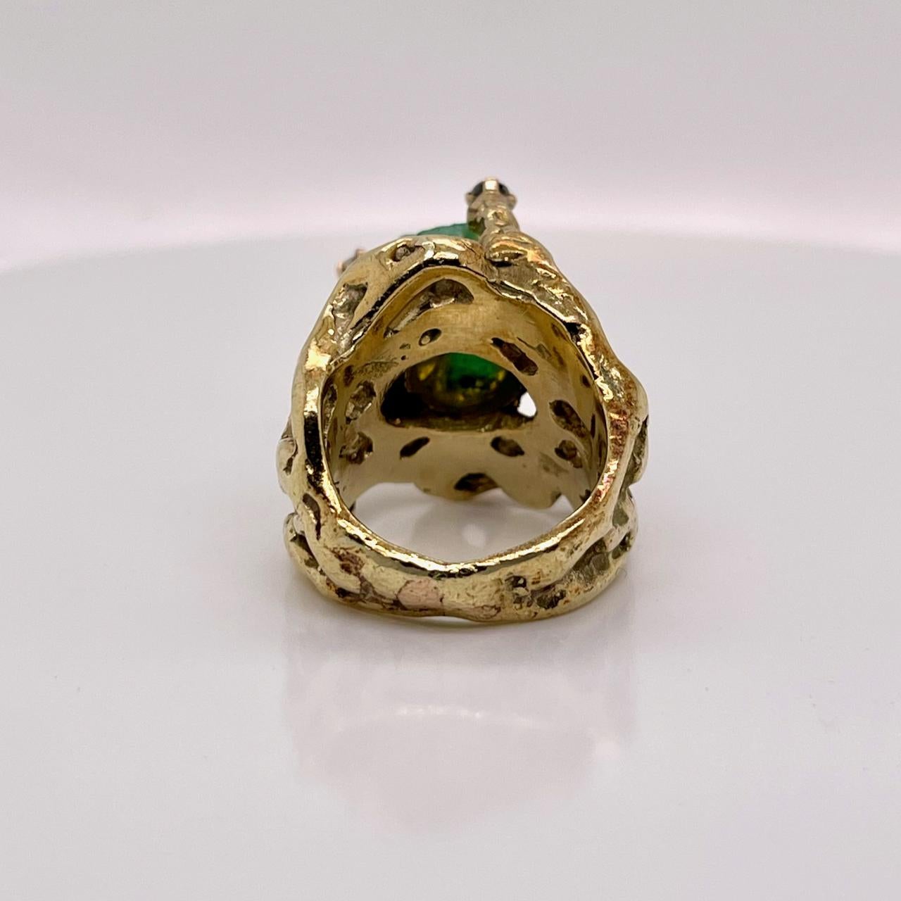 Round Cut Brutalist 14 Karat Gold, Chatham Emerald and Diamond Cocktail Ring