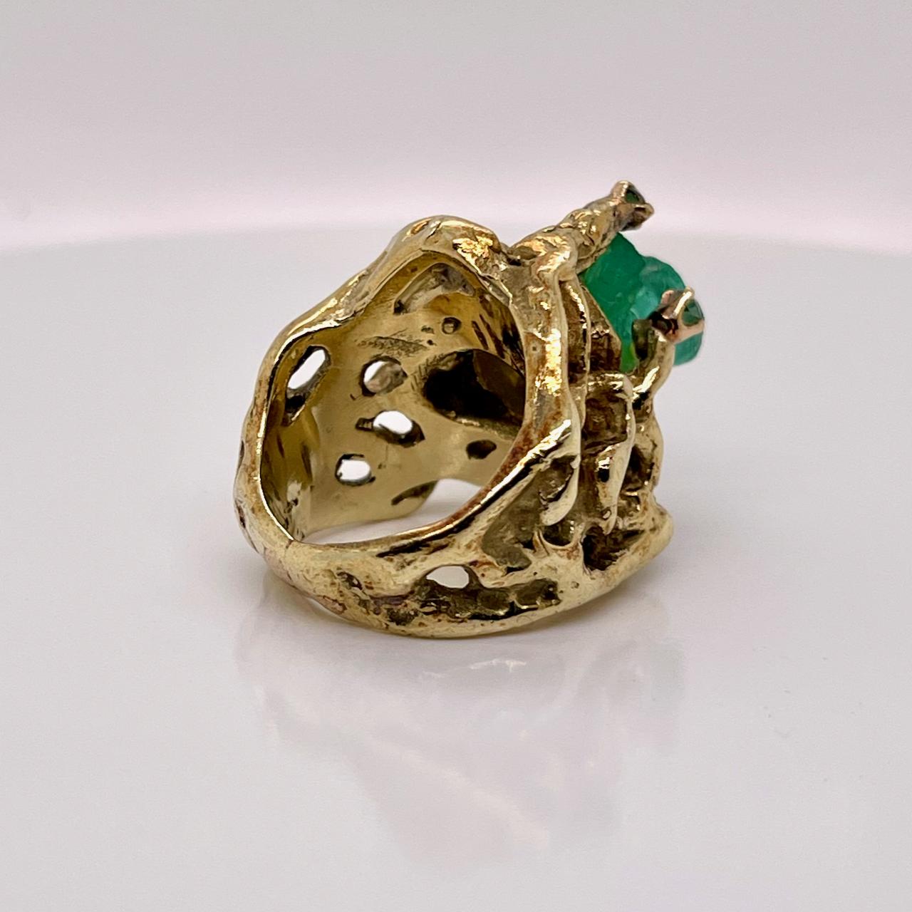 Brutalist 14 Karat Gold, Chatham Emerald and Diamond Cocktail Ring In Good Condition In Philadelphia, PA