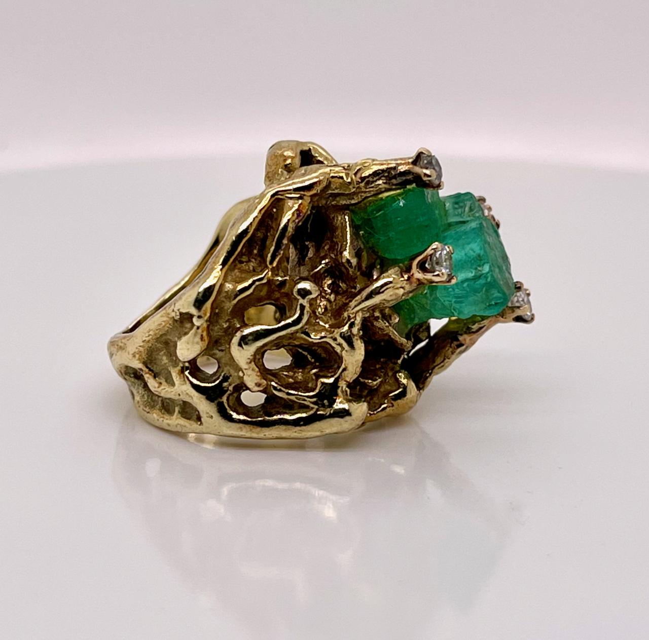 Women's or Men's Brutalist 14 Karat Gold, Chatham Emerald and Diamond Cocktail Ring