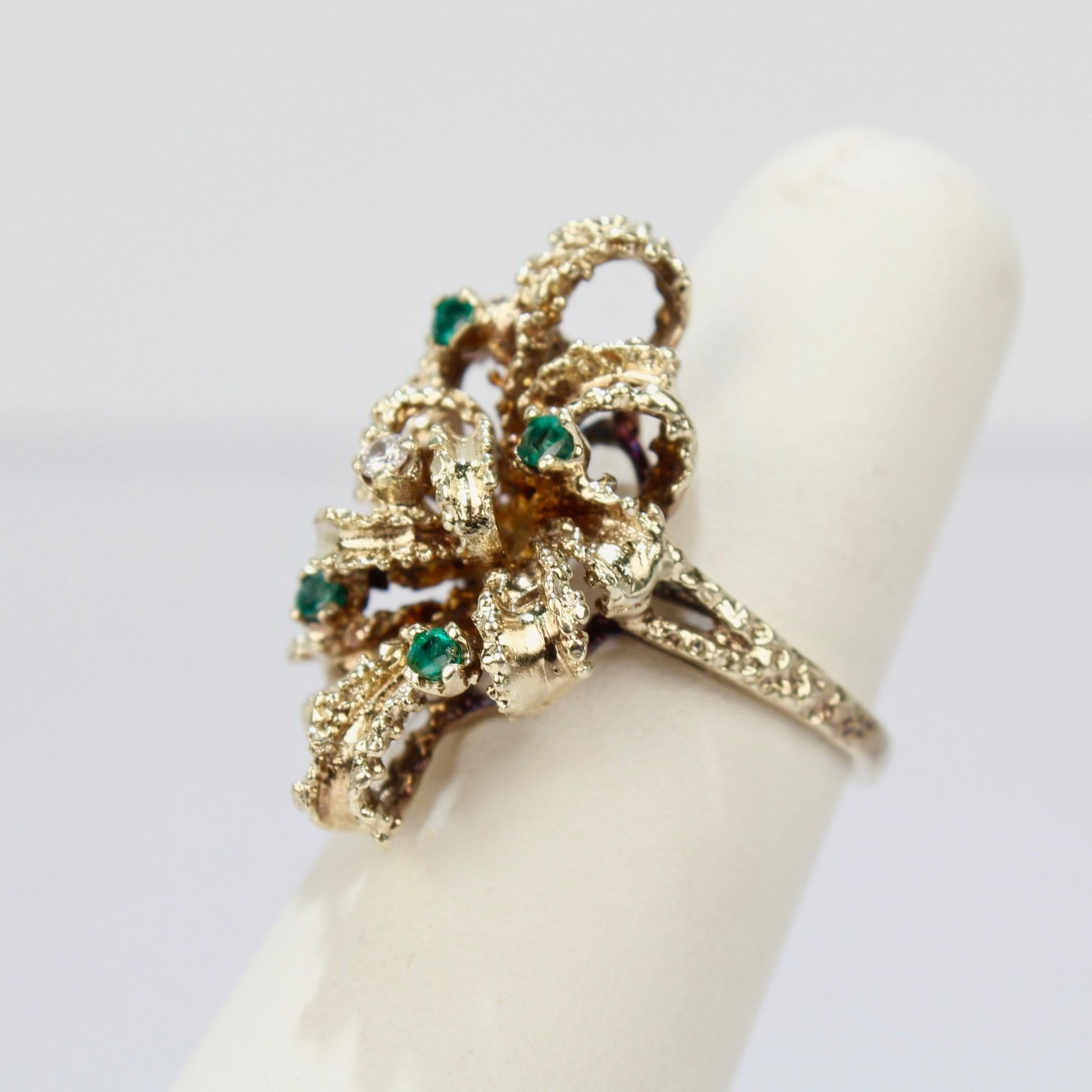 Brutalist 14 Karat Gold Emerald and Diamond Bow Form Cocktail Ring For Sale 2