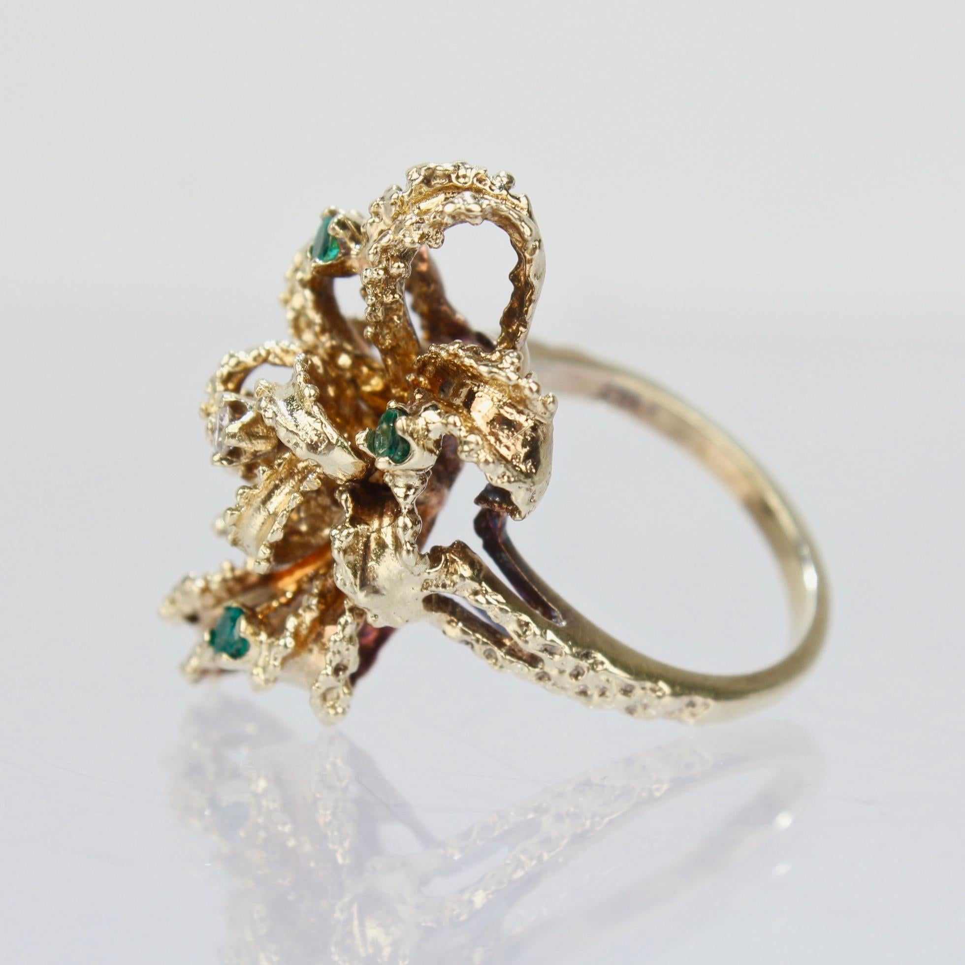 Modernist Brutalist 14 Karat Gold Emerald and Diamond Bow Form Cocktail Ring For Sale