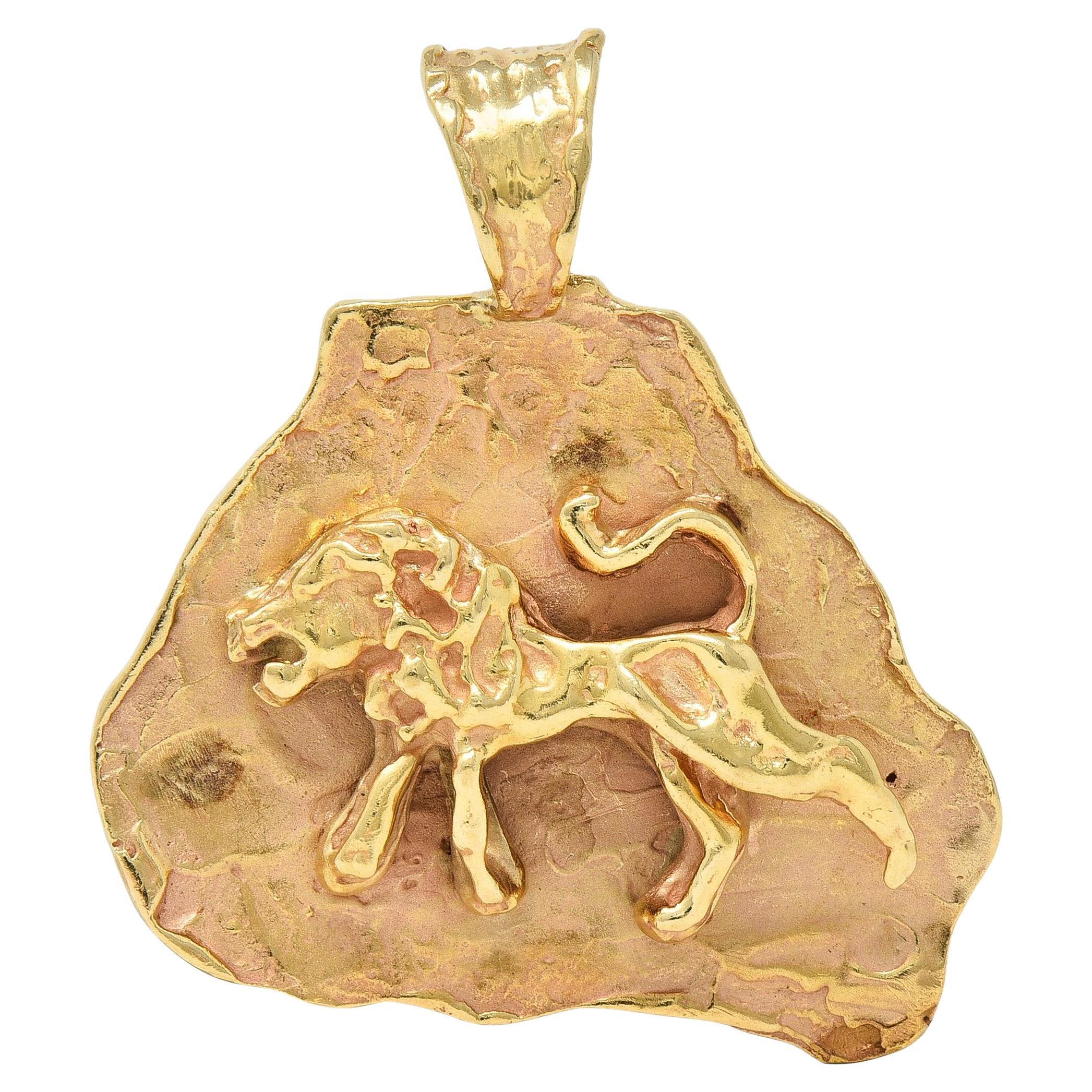Ciondolo brutalista in oro giallo 14 carati Leone Zodiac Vintage