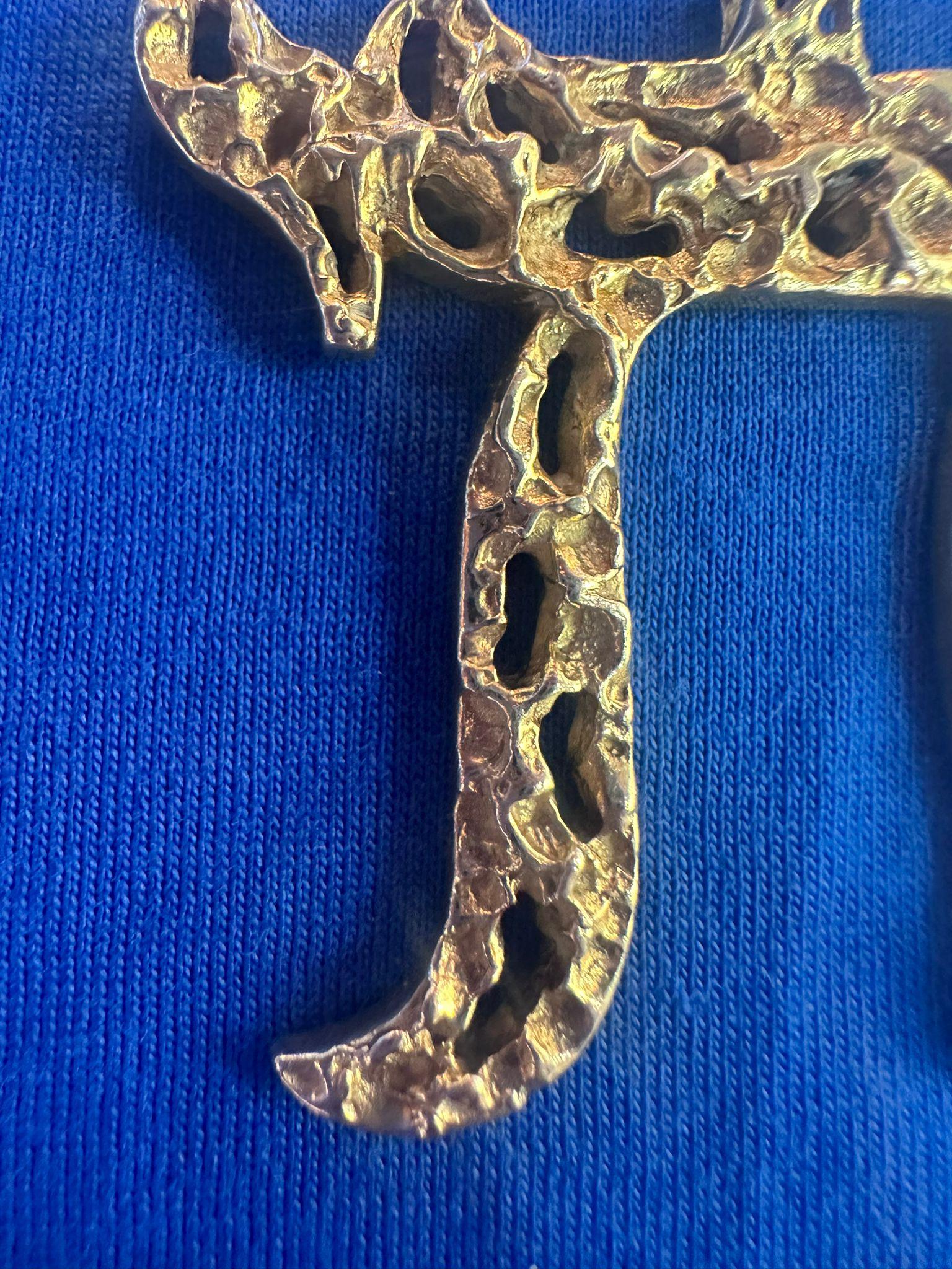 Hand-Crafted Brutalist 14K Gold Chai Pendant- Handcrafted, Israel 1970s For Sale