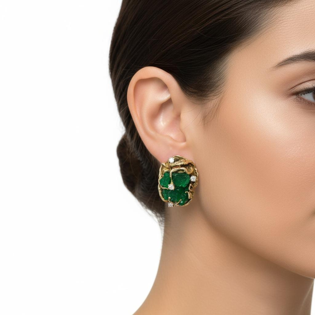 This striking pair of Brutalist earrings is expertly crafted from 18kt yellow gold, showcasing a bold and sculptural design that captures the essence of modernist artistry. Each earring features a rough, uncut emerald with an intense vivid green