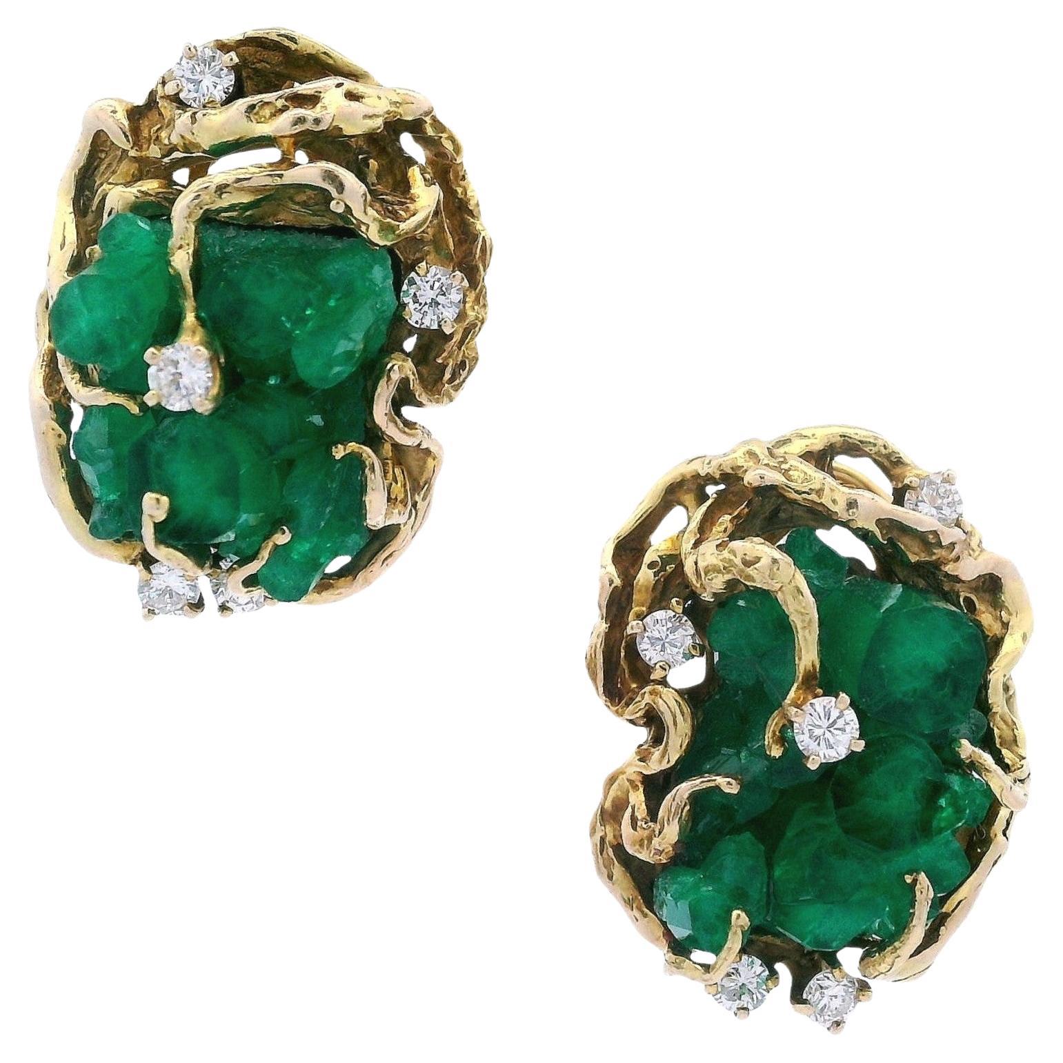Brutalist 18kt yellow Gold Earrings with Rough uncut Emeralds 
Diamonds