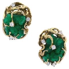 Brutalist 18kt yellow Gold Earrings with Rough uncut Emeralds & Diamonds