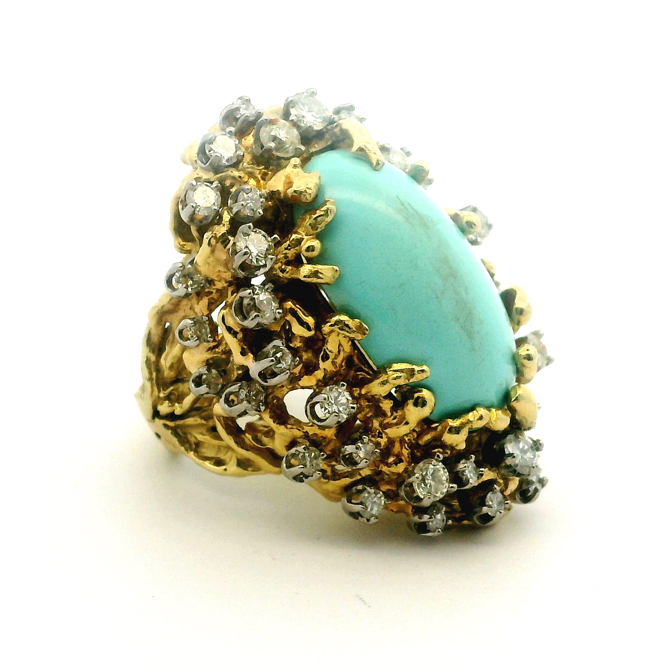 Brutalistischer 1960er Jahre 18K Gold 3 Karat Diamant und Türkis Cabochon Cocktail Ring im Angebot 5