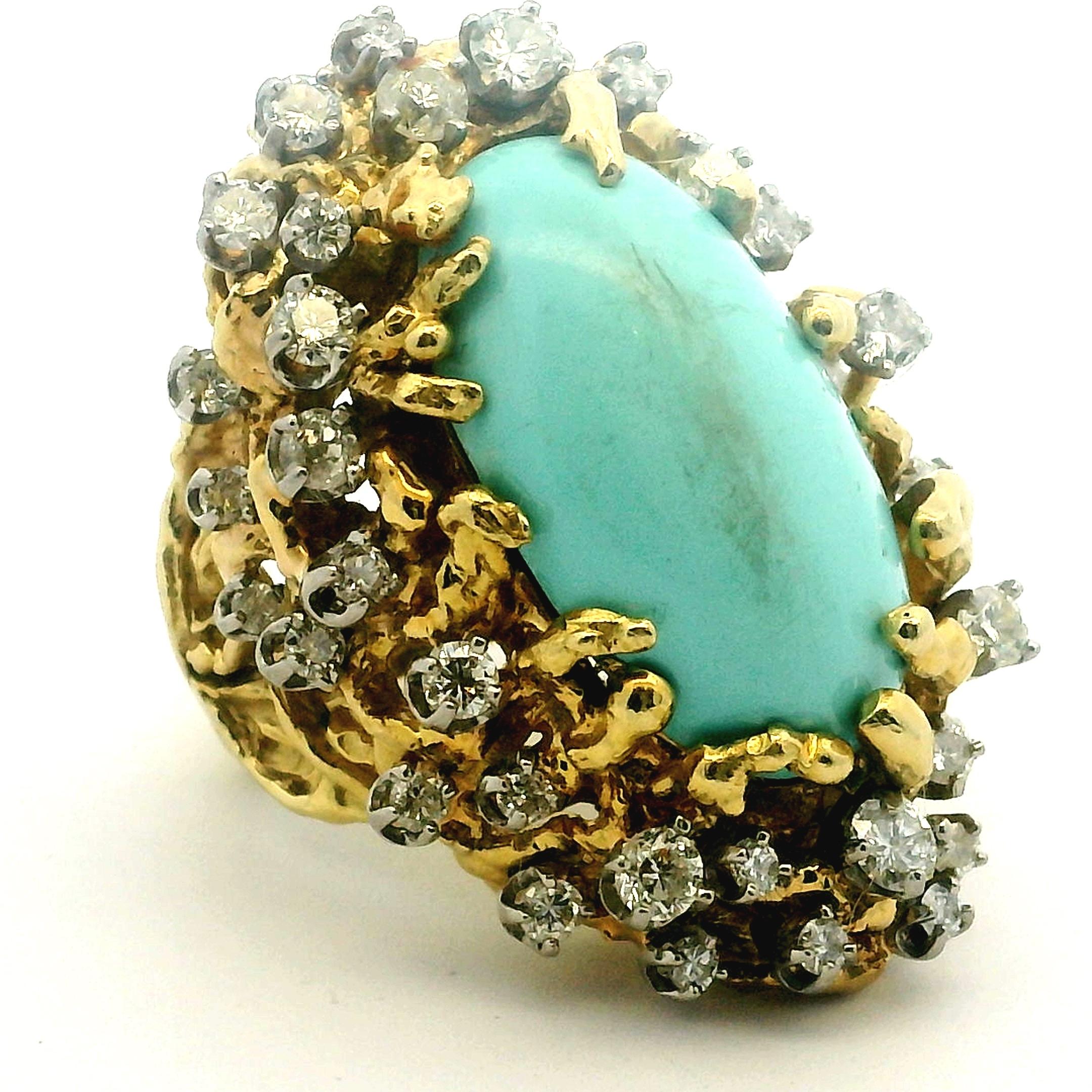 Brutalistischer 1960er Jahre 18K Gold 3 Karat Diamant und Türkis Cabochon Cocktail Ring im Angebot 6