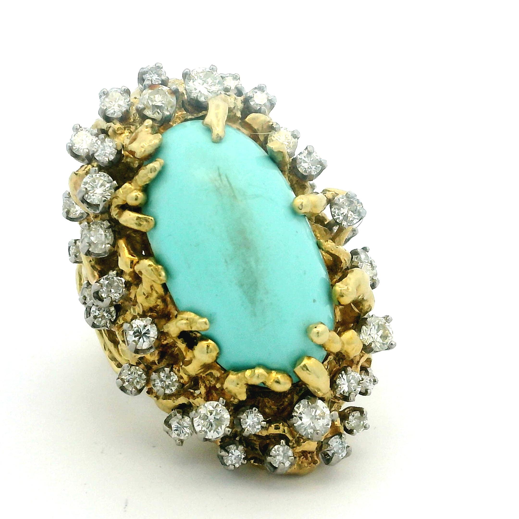 Brutalistischer 1960er Jahre 18K Gold 3 Karat Diamant und Türkis Cabochon Cocktail Ring im Angebot 7