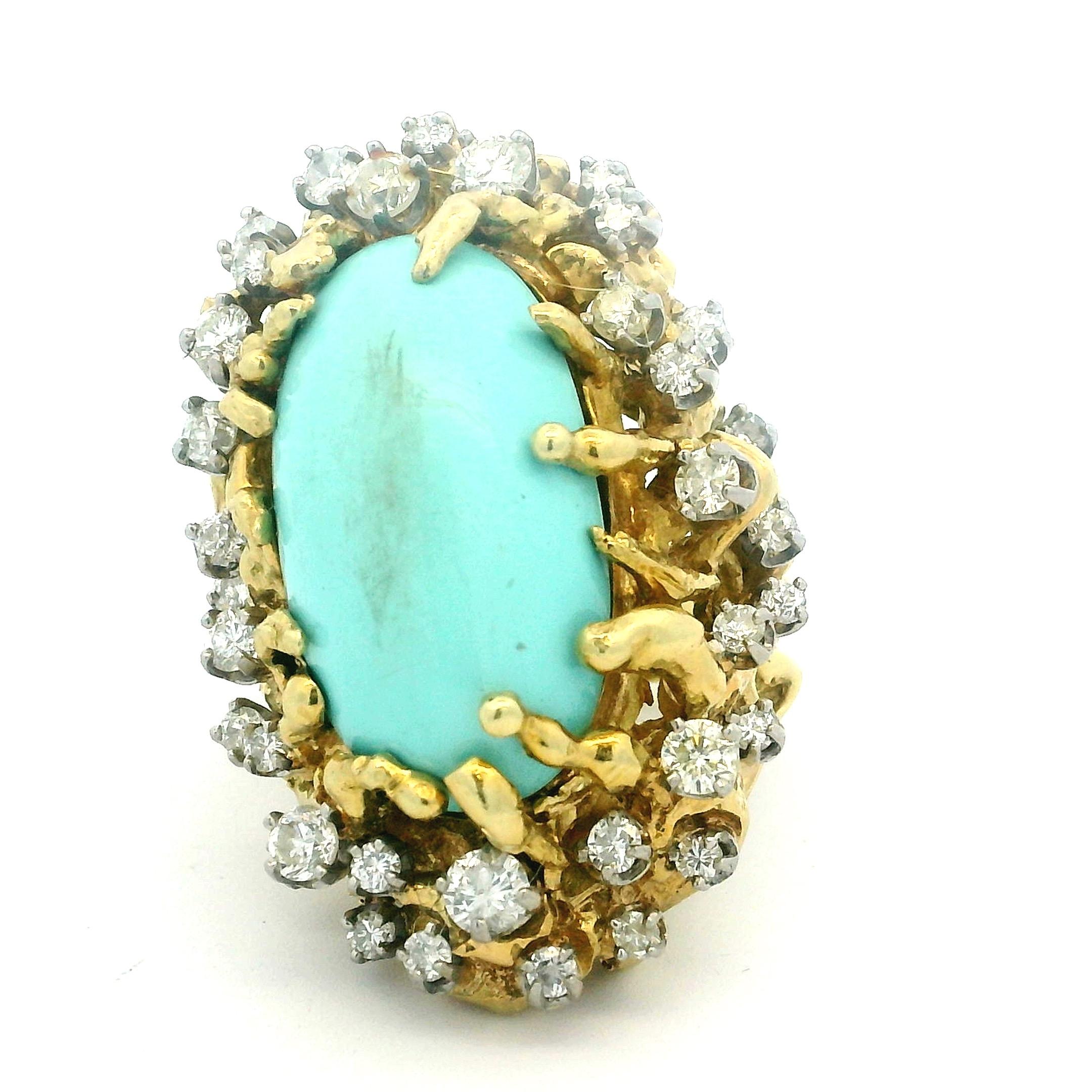 Brutalistischer 1960er Jahre 18K Gold 3 Karat Diamant und Türkis Cabochon Cocktail Ring im Angebot 8