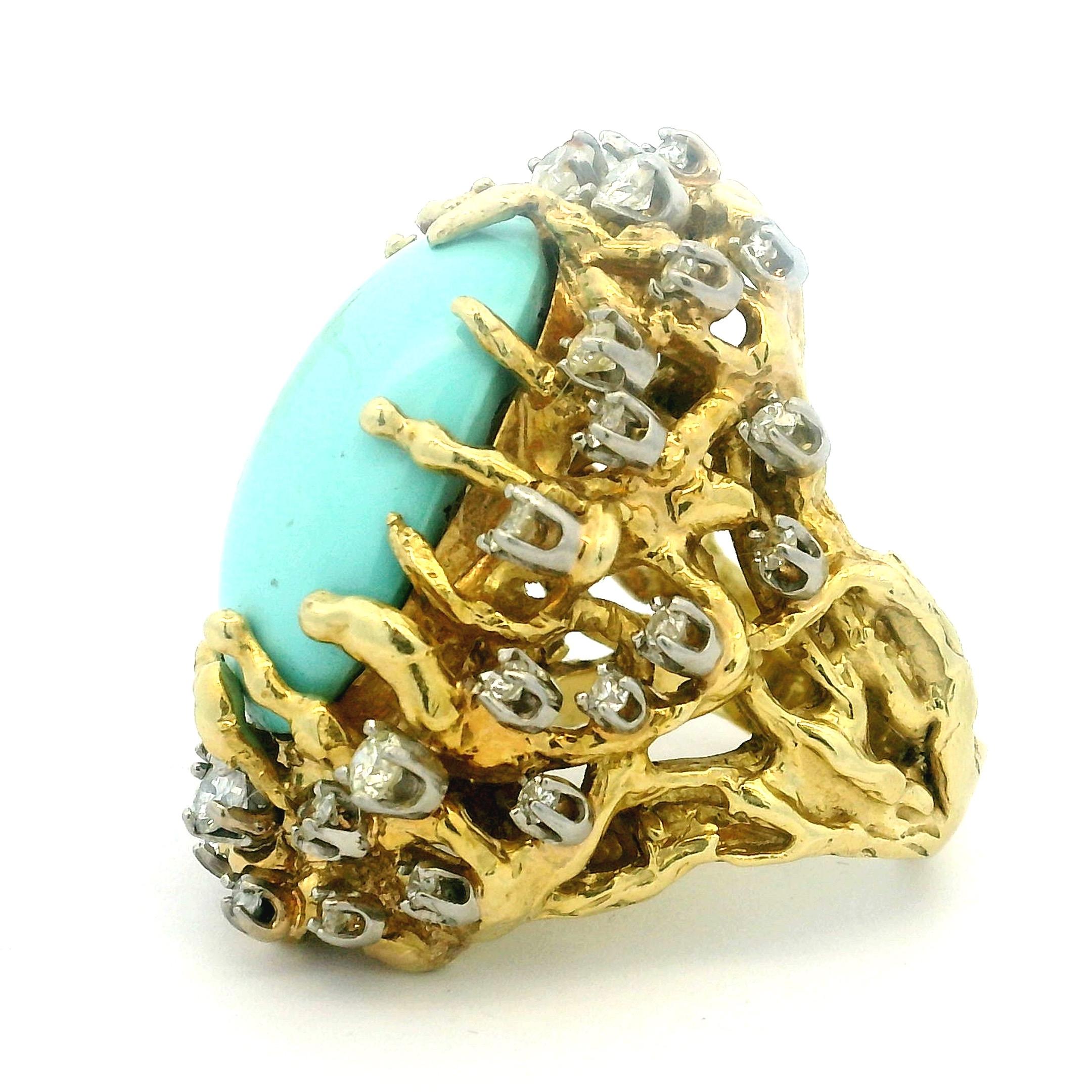 Brutalistischer 1960er Jahre 18K Gold 3 Karat Diamant und Türkis Cabochon Cocktail Ring im Angebot 10