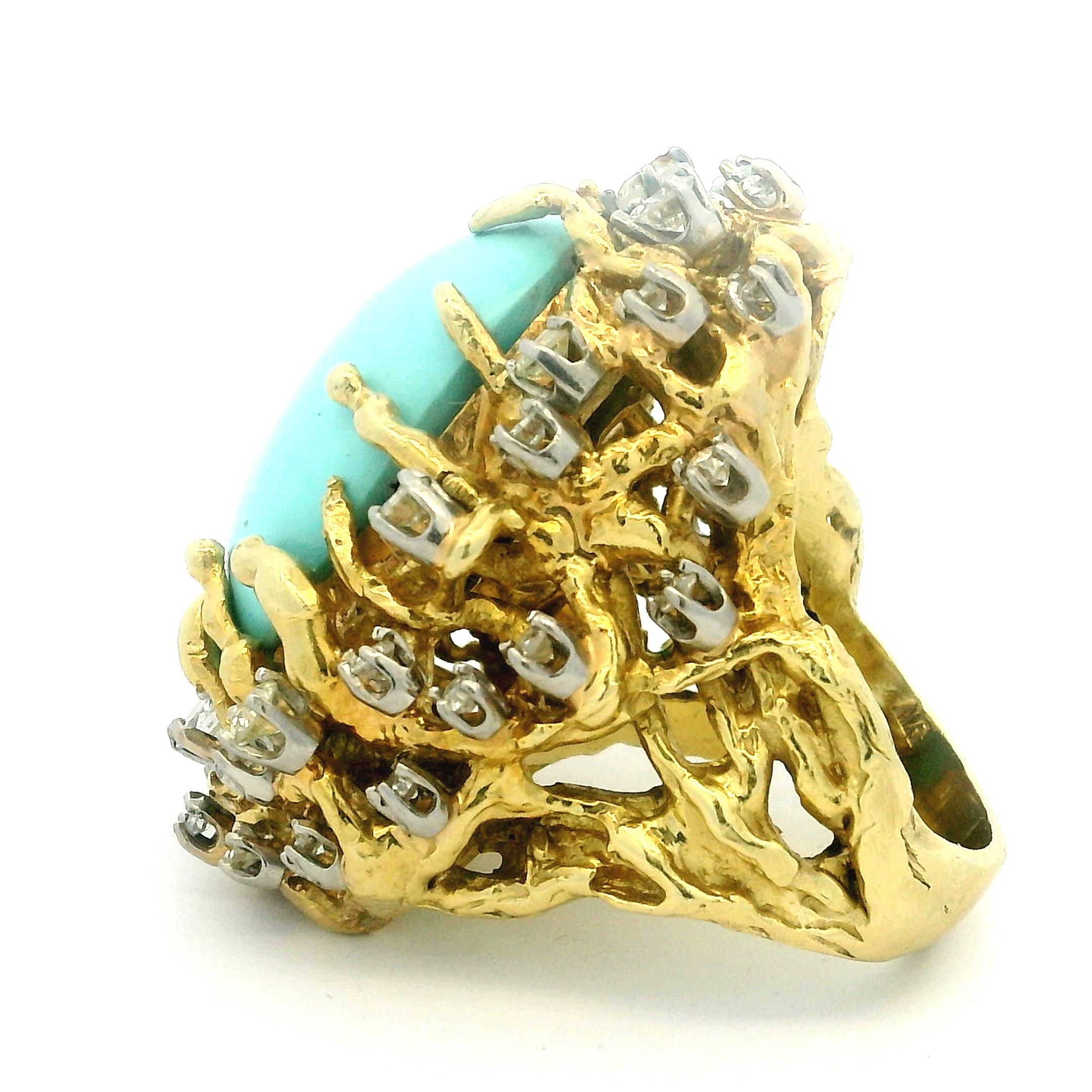 Brutalistischer 1960er Jahre 18K Gold 3 Karat Diamant und Türkis Cabochon Cocktail Ring im Angebot 11