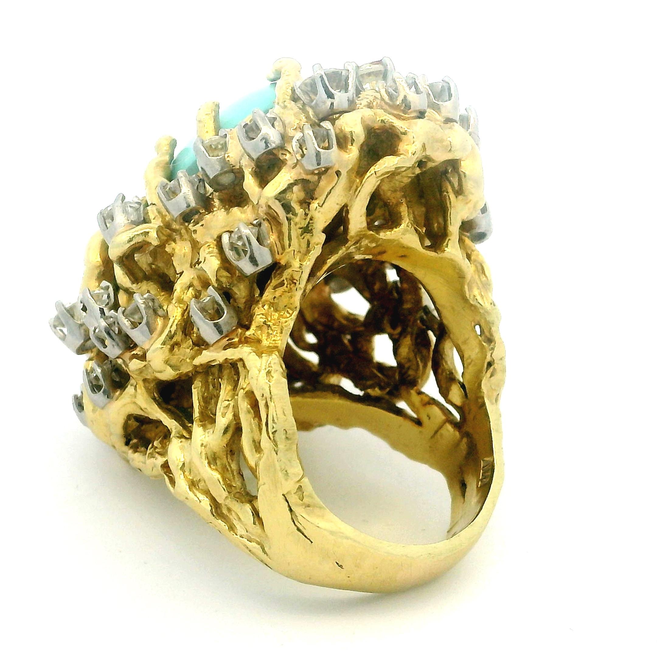 Brutalistischer 1960er Jahre 18K Gold 3 Karat Diamant und Türkis Cabochon Cocktail Ring im Angebot 12