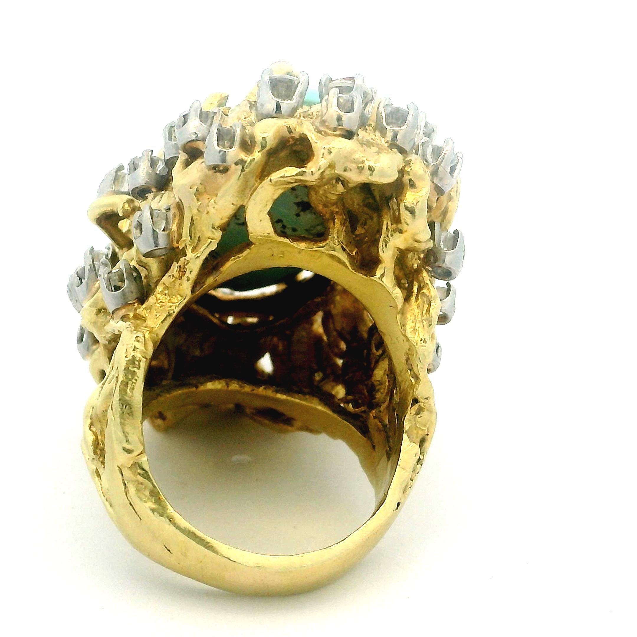 Brutalistischer 1960er Jahre 18K Gold 3 Karat Diamant und Türkis Cabochon Cocktail Ring im Angebot 13