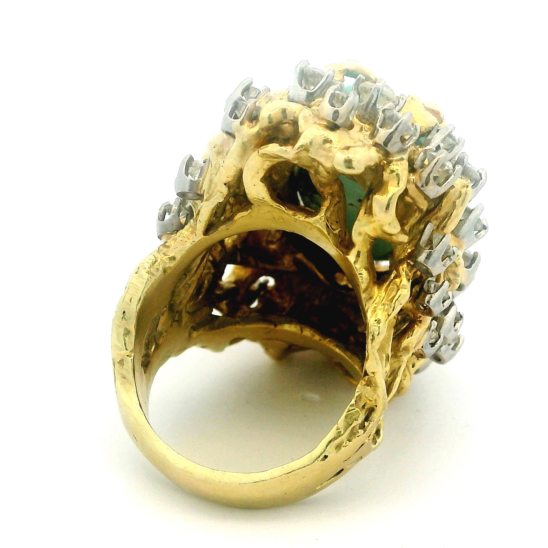 Brutalistischer 1960er Jahre 18K Gold 3 Karat Diamant und Türkis Cabochon Cocktail Ring im Angebot 14