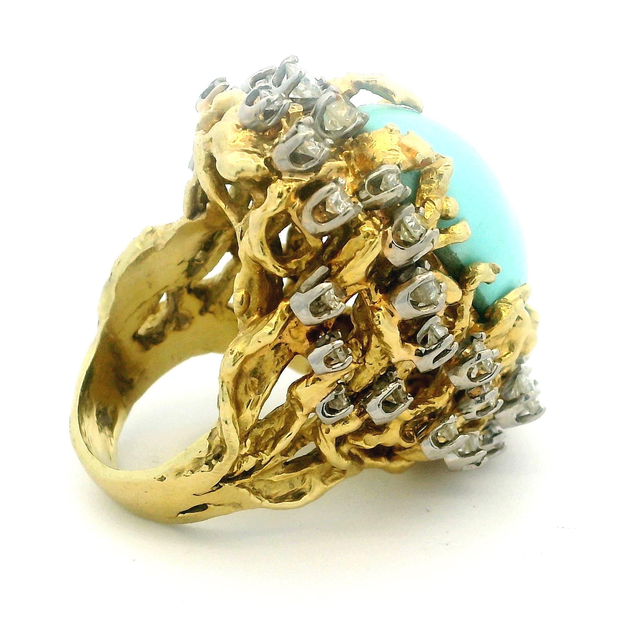 Brutalistischer 1960er Jahre 18K Gold 3 Karat Diamant und Türkis Cabochon Cocktail Ring im Angebot 15