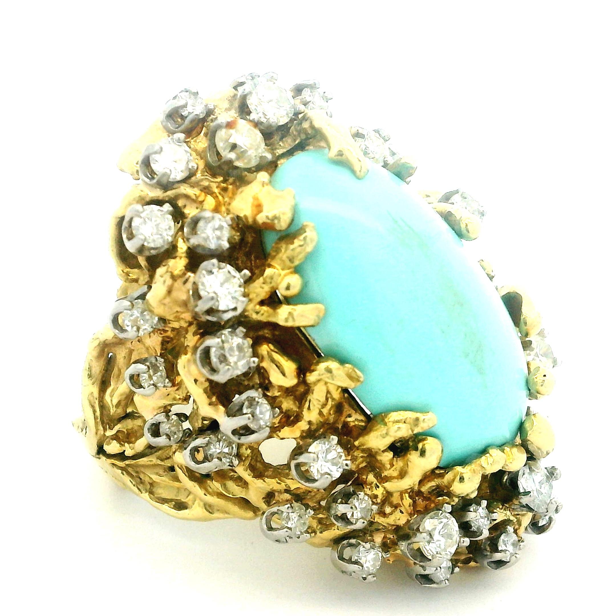 Brutalistischer 1960er Jahre 18K Gold 3 Karat Diamant und Türkis Cabochon Cocktail Ring (Modernistisch) im Angebot