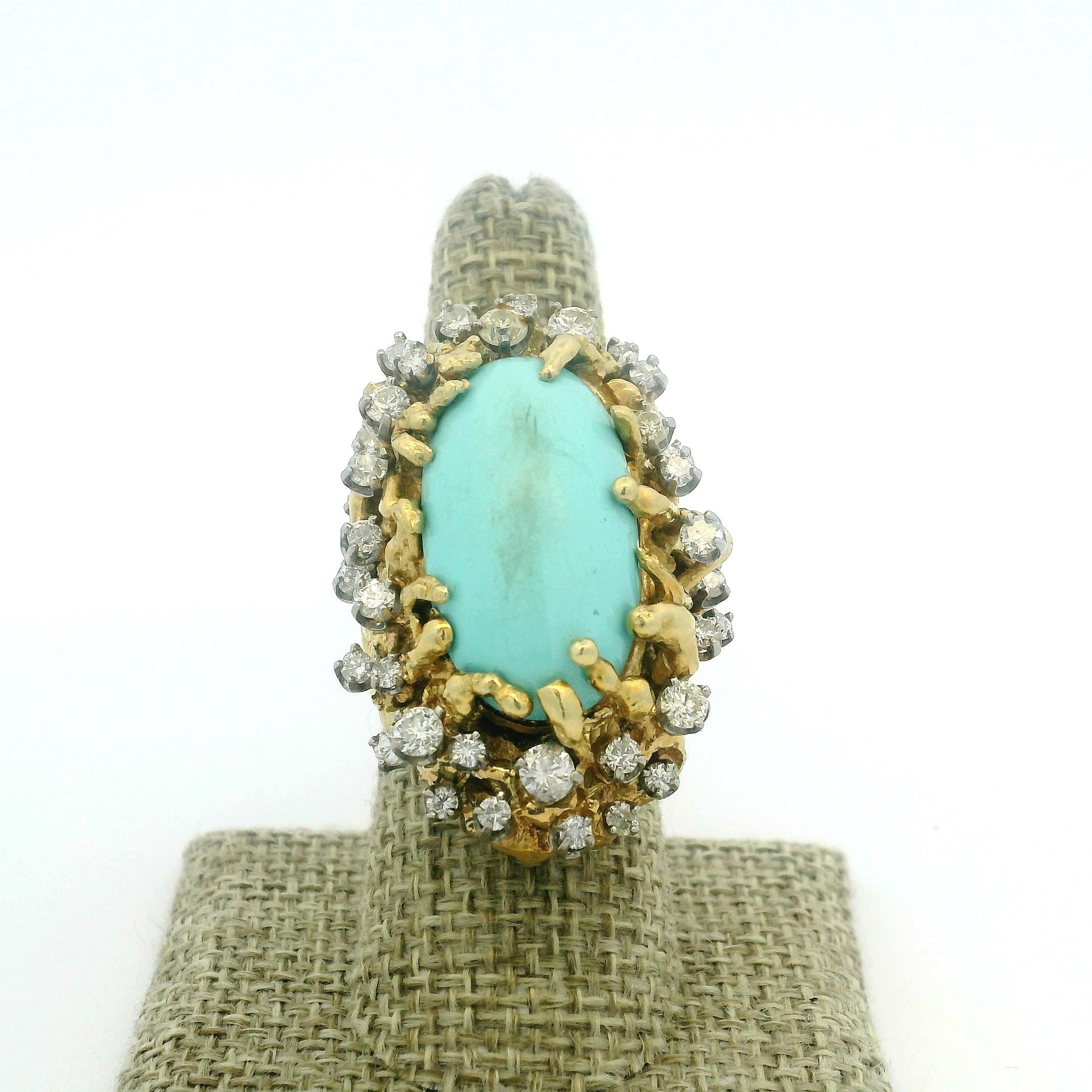 Brutalistischer 1960er Jahre 18K Gold 3 Karat Diamant und Türkis Cabochon Cocktail Ring im Zustand „Hervorragend“ im Angebot in Miami, FL