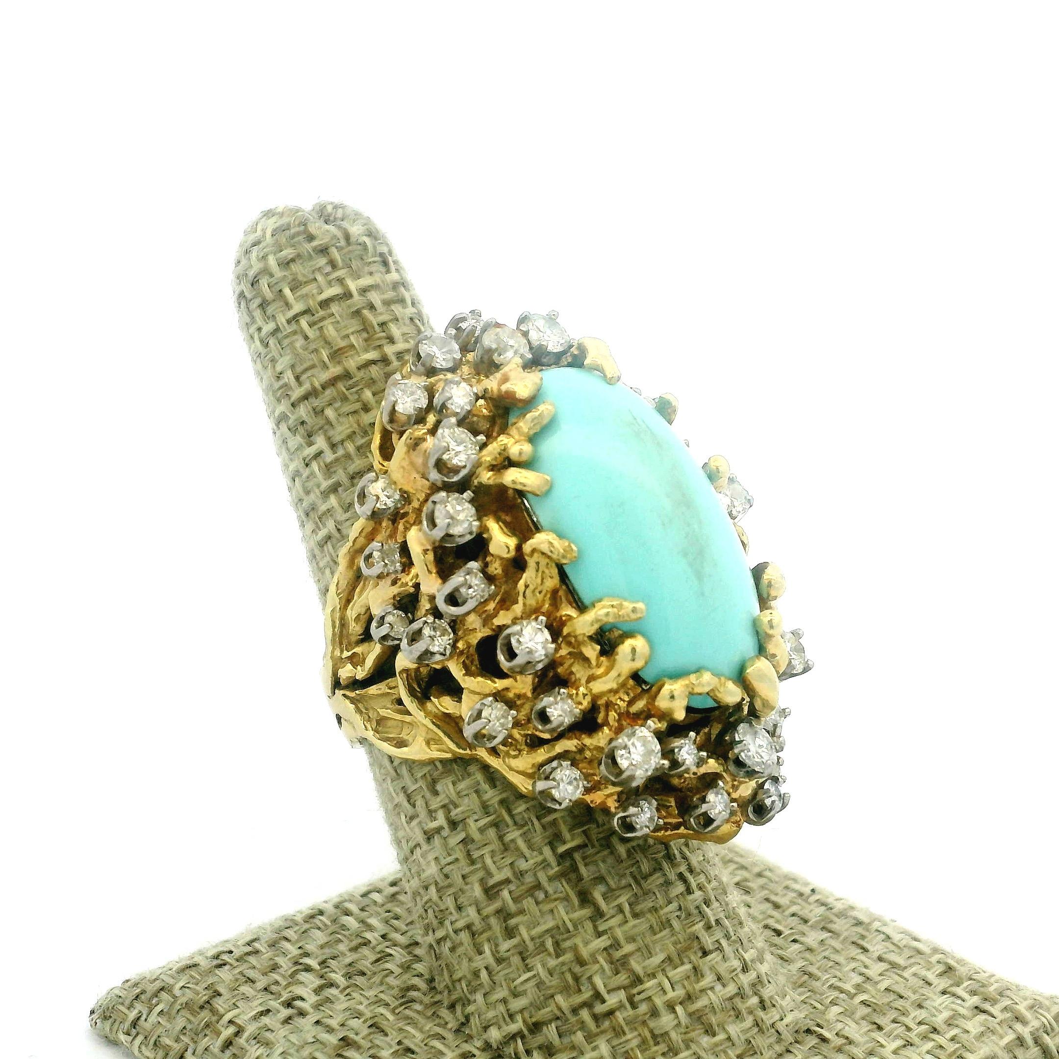 Brutalistischer 1960er Jahre 18K Gold 3 Karat Diamant und Türkis Cabochon Cocktail Ring für Damen oder Herren im Angebot