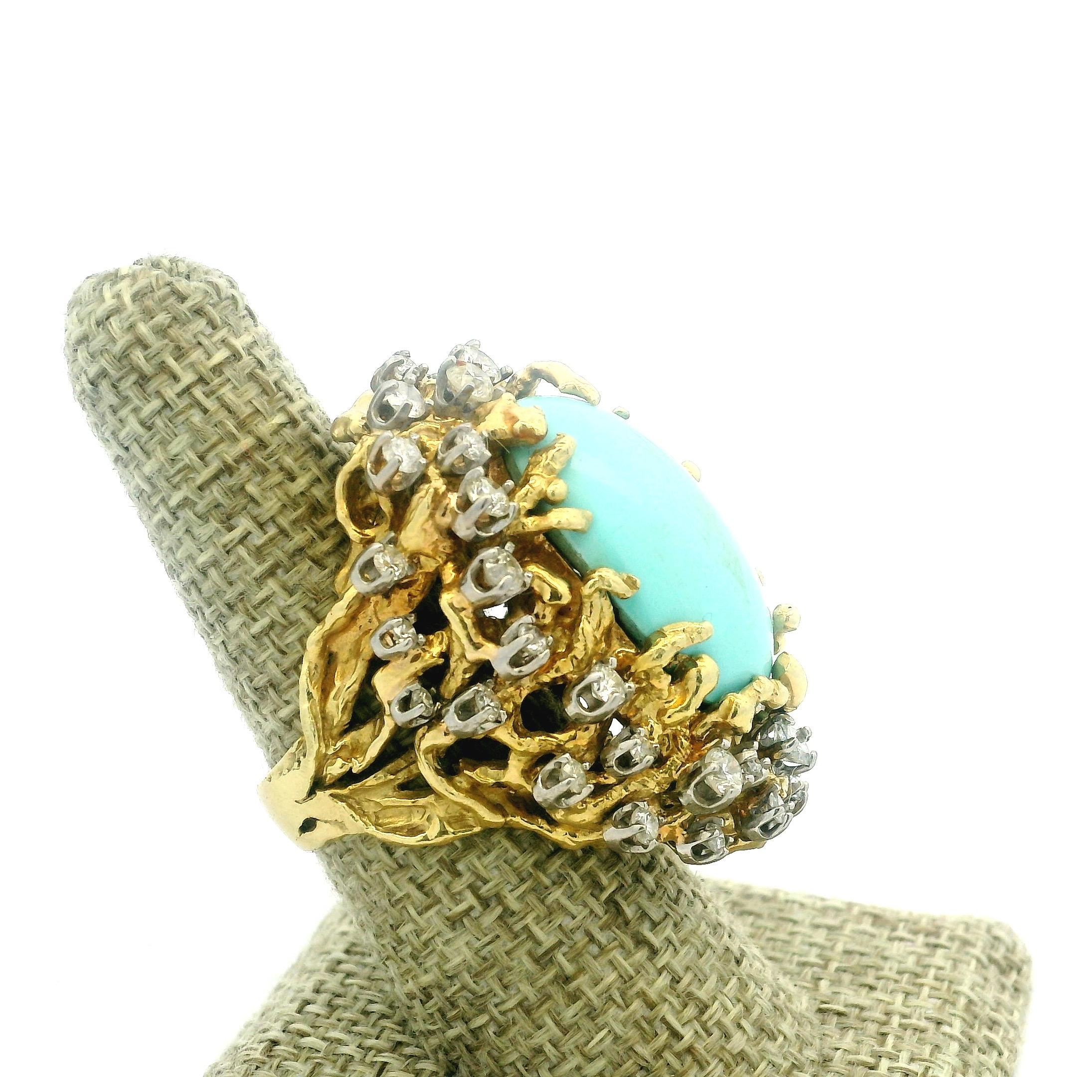 Brutalistischer 1960er Jahre 18K Gold 3 Karat Diamant und Türkis Cabochon Cocktail Ring im Angebot 1
