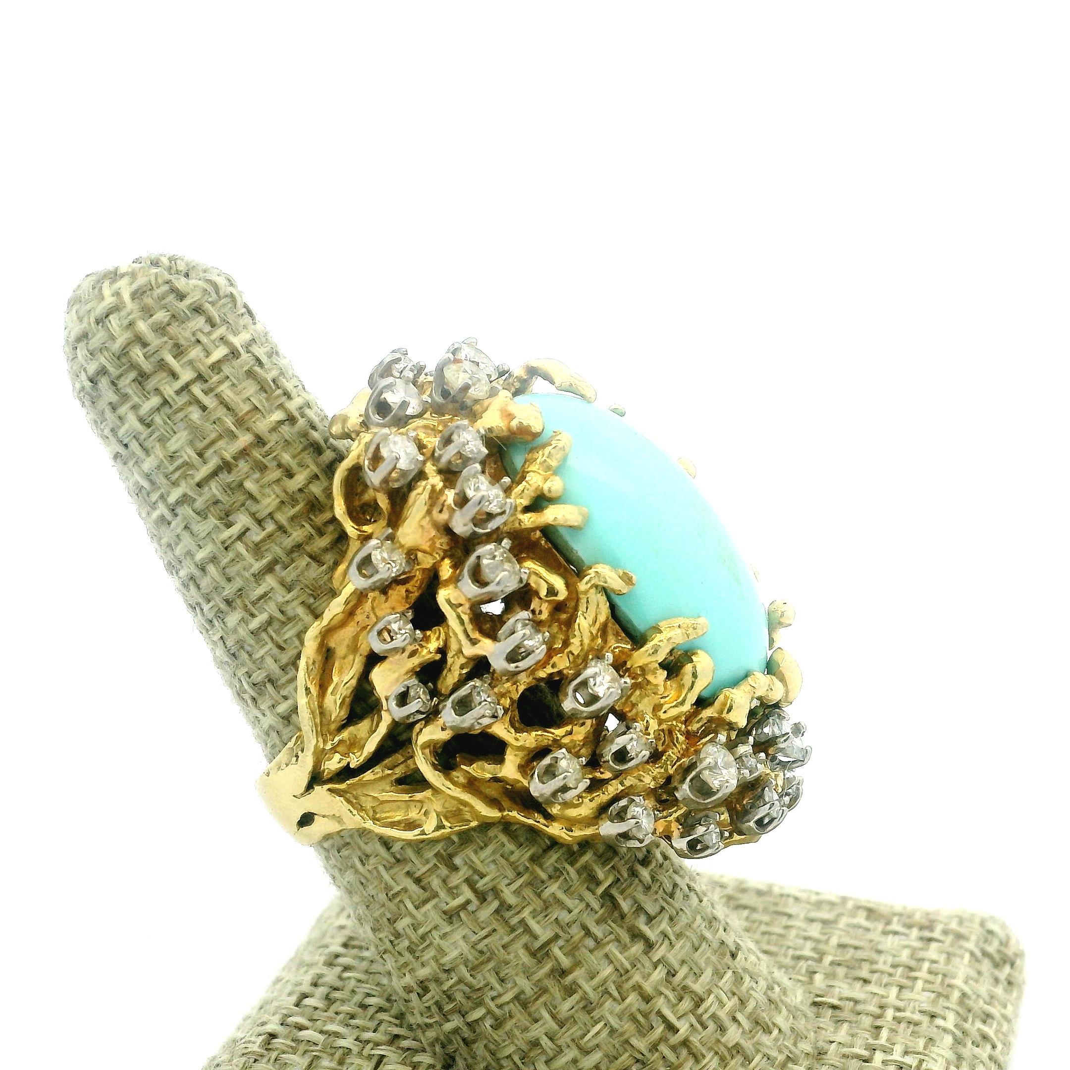 Brutalistischer 1960er Jahre 18K Gold 3 Karat Diamant und Türkis Cabochon Cocktail Ring im Angebot 2
