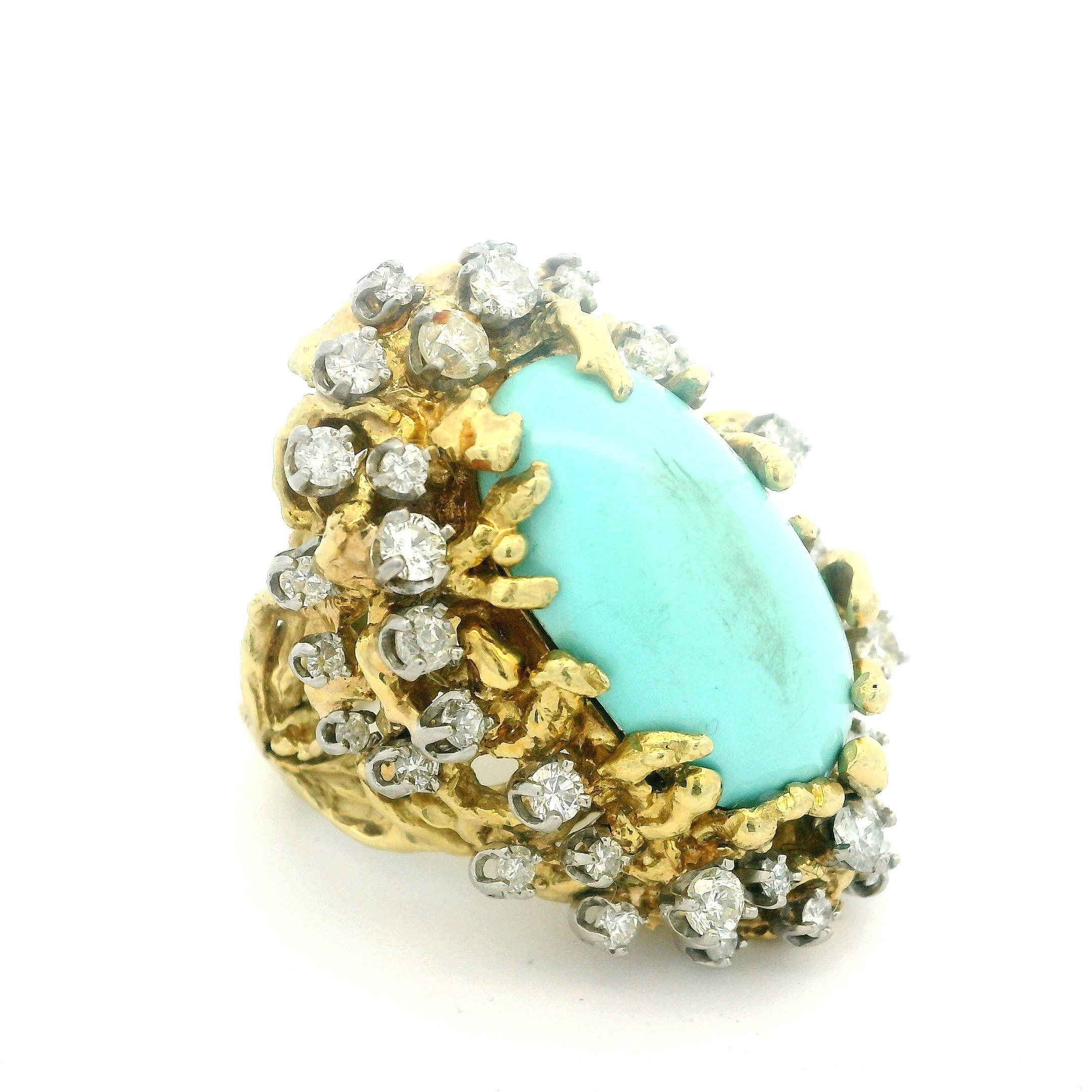 Brutalistischer 1960er Jahre 18K Gold 3 Karat Diamant und Türkis Cabochon Cocktail Ring im Angebot 3