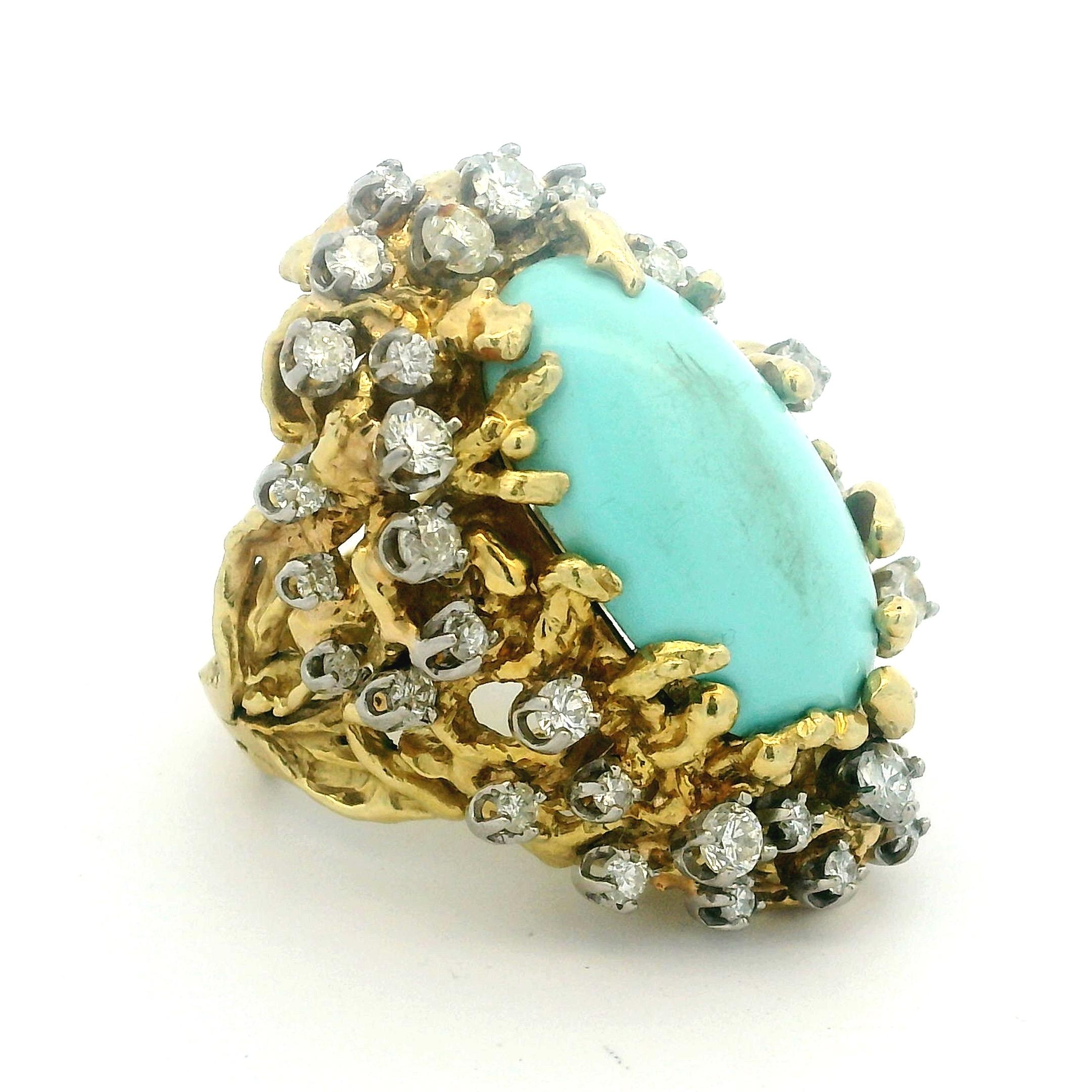 Brutalistischer 1960er Jahre 18K Gold 3 Karat Diamant und Türkis Cabochon Cocktail Ring im Angebot 4