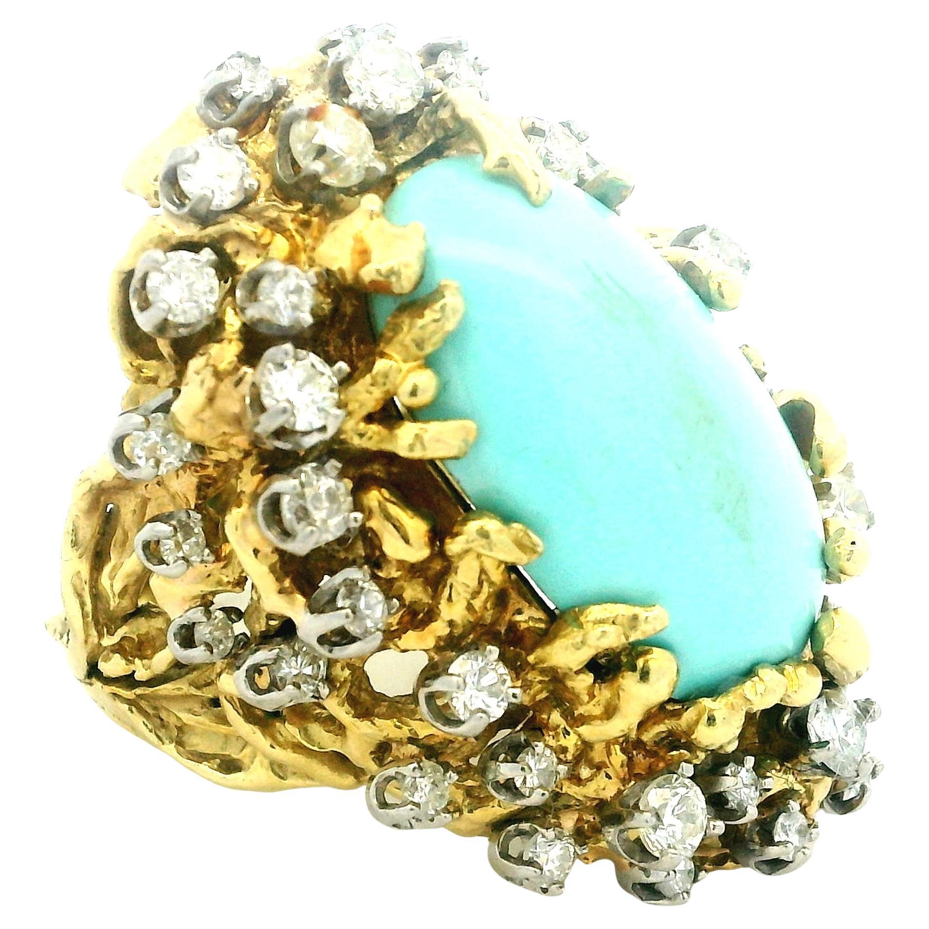 Anello da cocktail brutalista degli anni '60 in oro 18 carati con diamanti e turchesi cabochon