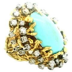 Brutalist 1960s 18K Gold 3 Carat Diamond and Turquoise Cabochon Cocktail Ring