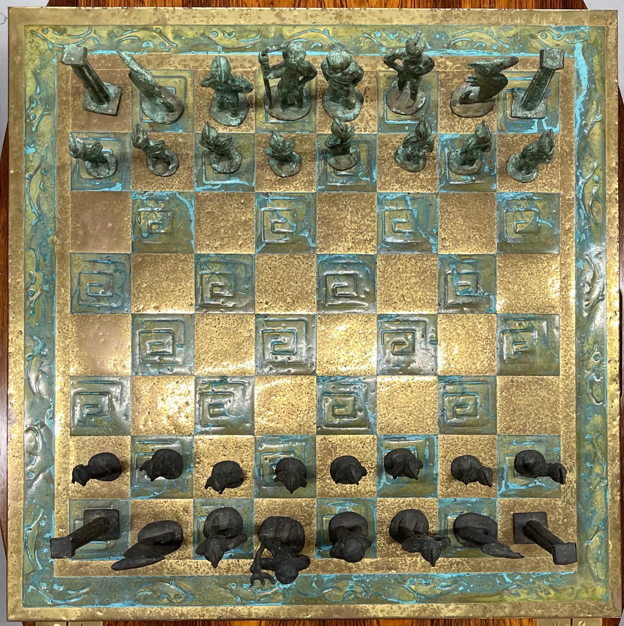 Stunning mid-century bronze chess set with a neo-classical motif in a brutalist style. Not sure who designed this but it is quite unique. The king is approx 6.5 inches tall and the pwns are 3.88 inches tall. The board is 21.75 inches square and is